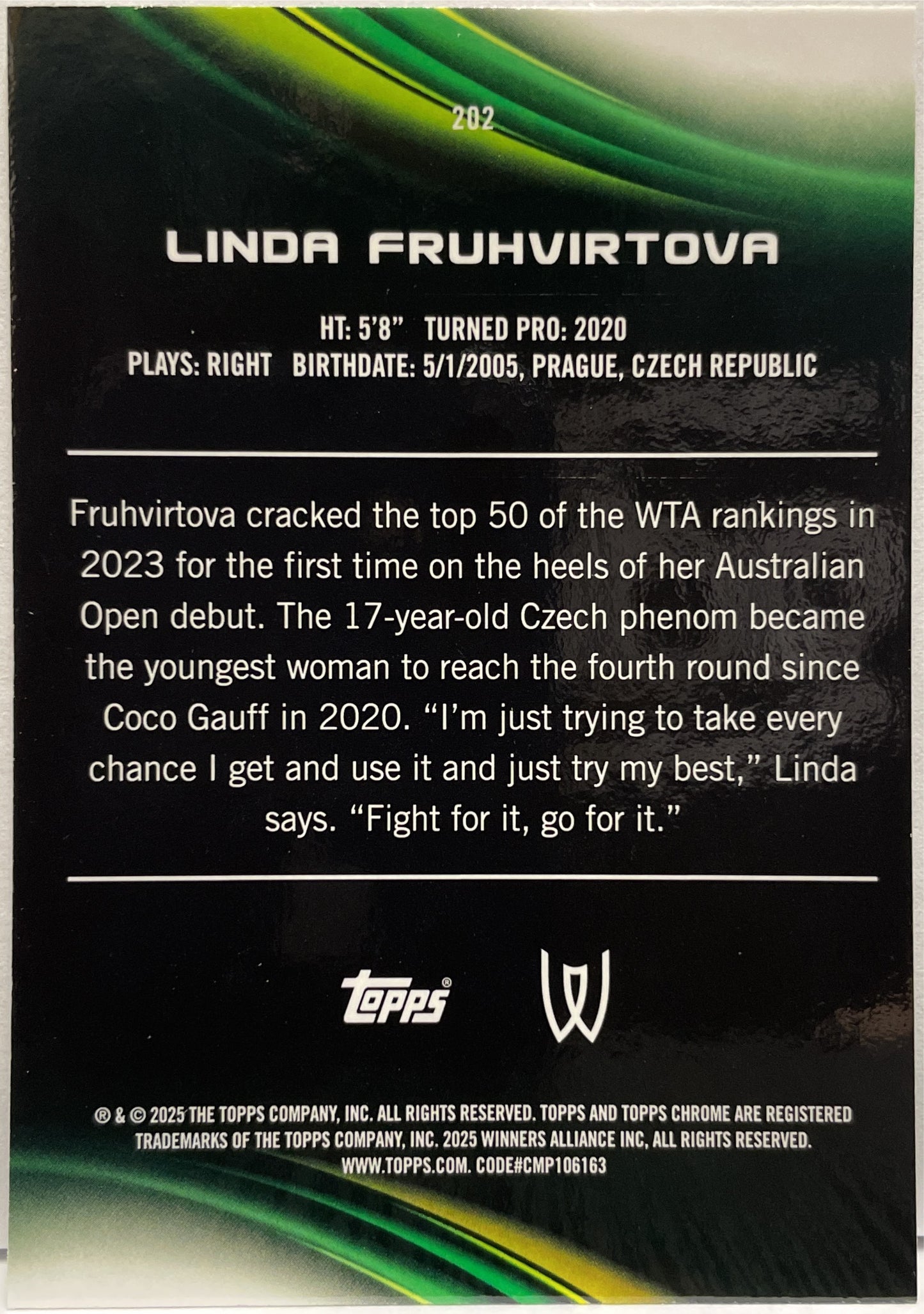 Linda Fruhvirtova 15/125 Purple Green Topps Chrome Tennis 2025
