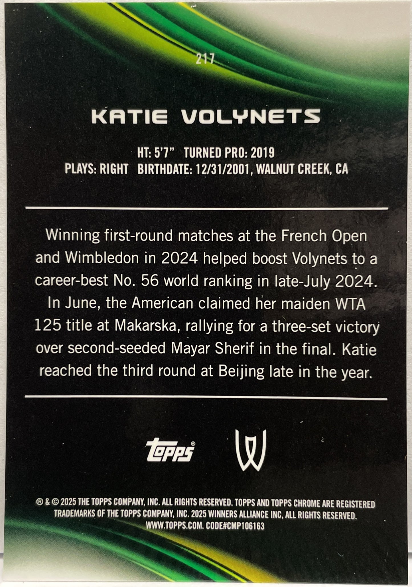 Katie Volynets 15/125 Purple Green Topps Chrome Tennis 2025