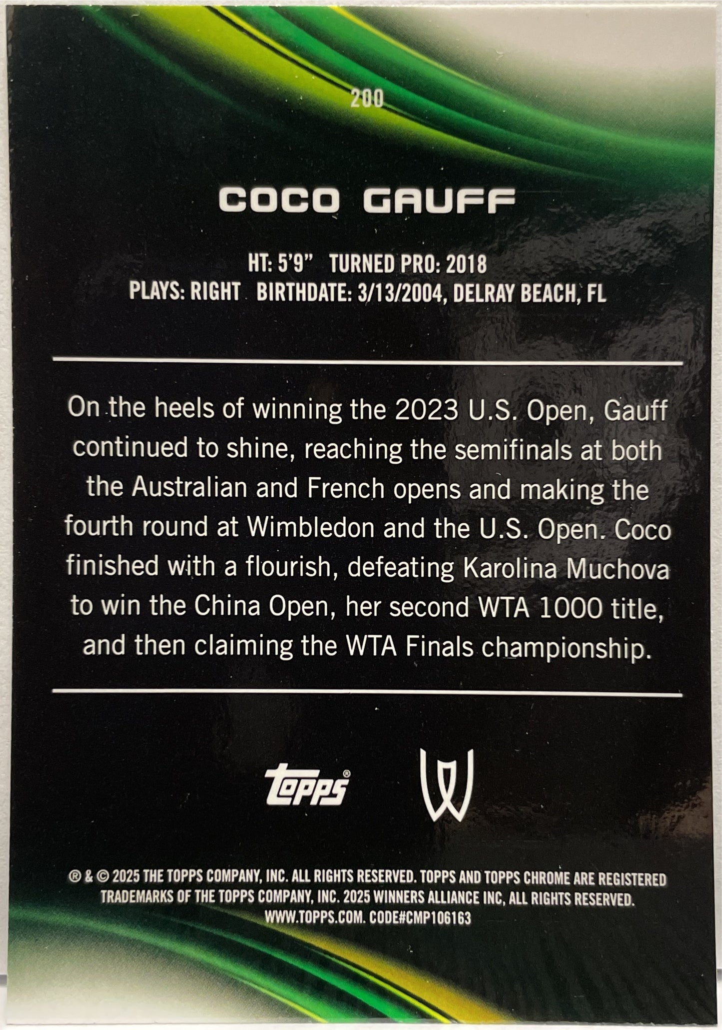 Coco Gauff 90/125 Purple Green Topps Chrome Tennis 2025