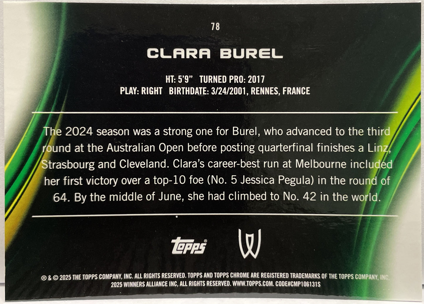 Clara Burel 61/125 1ST Purple Green Topps Chrome Tennis 2025