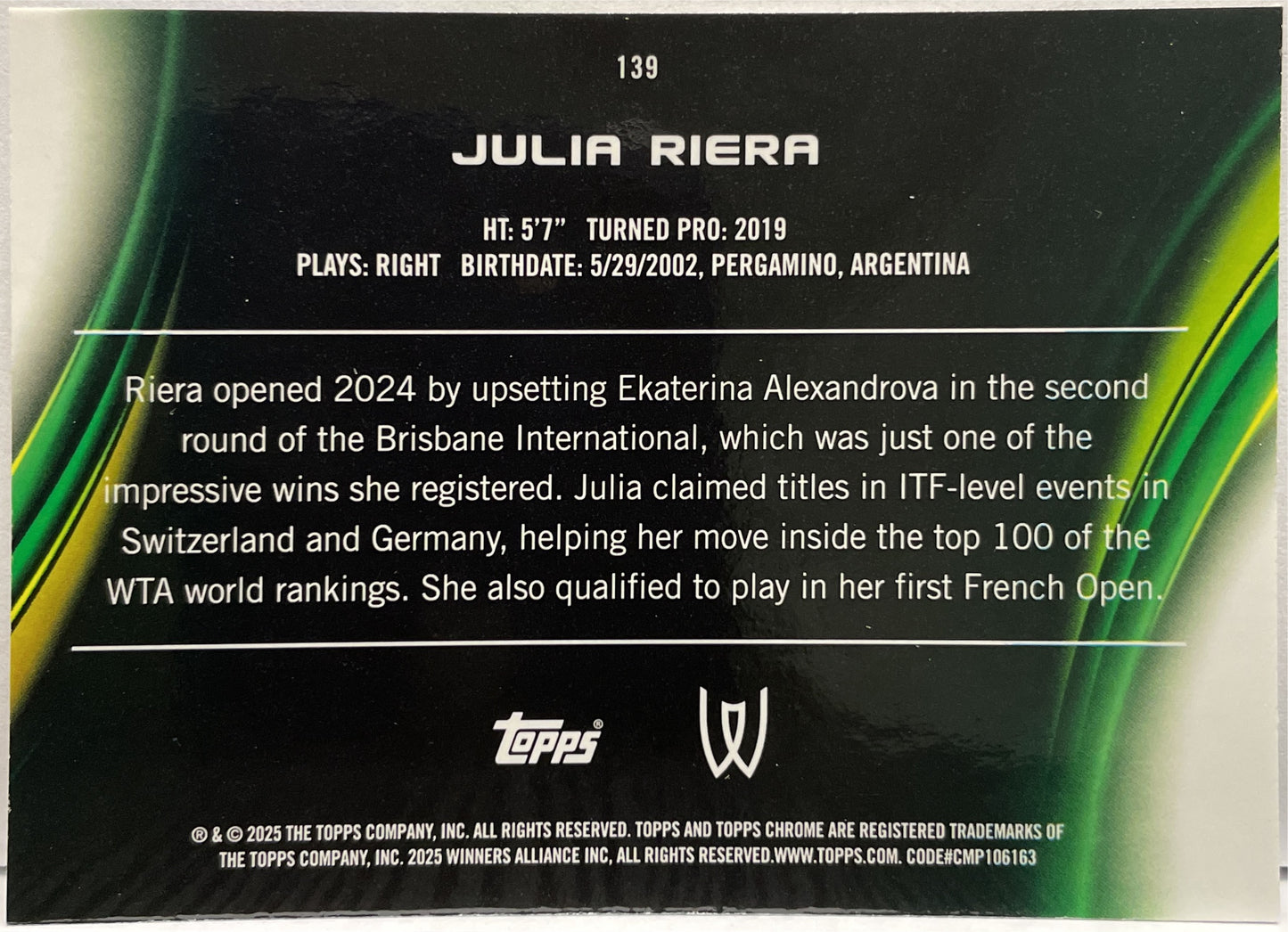 Julia Riera 21/150 Rookie Blue Topps Chrome Tennis 2025