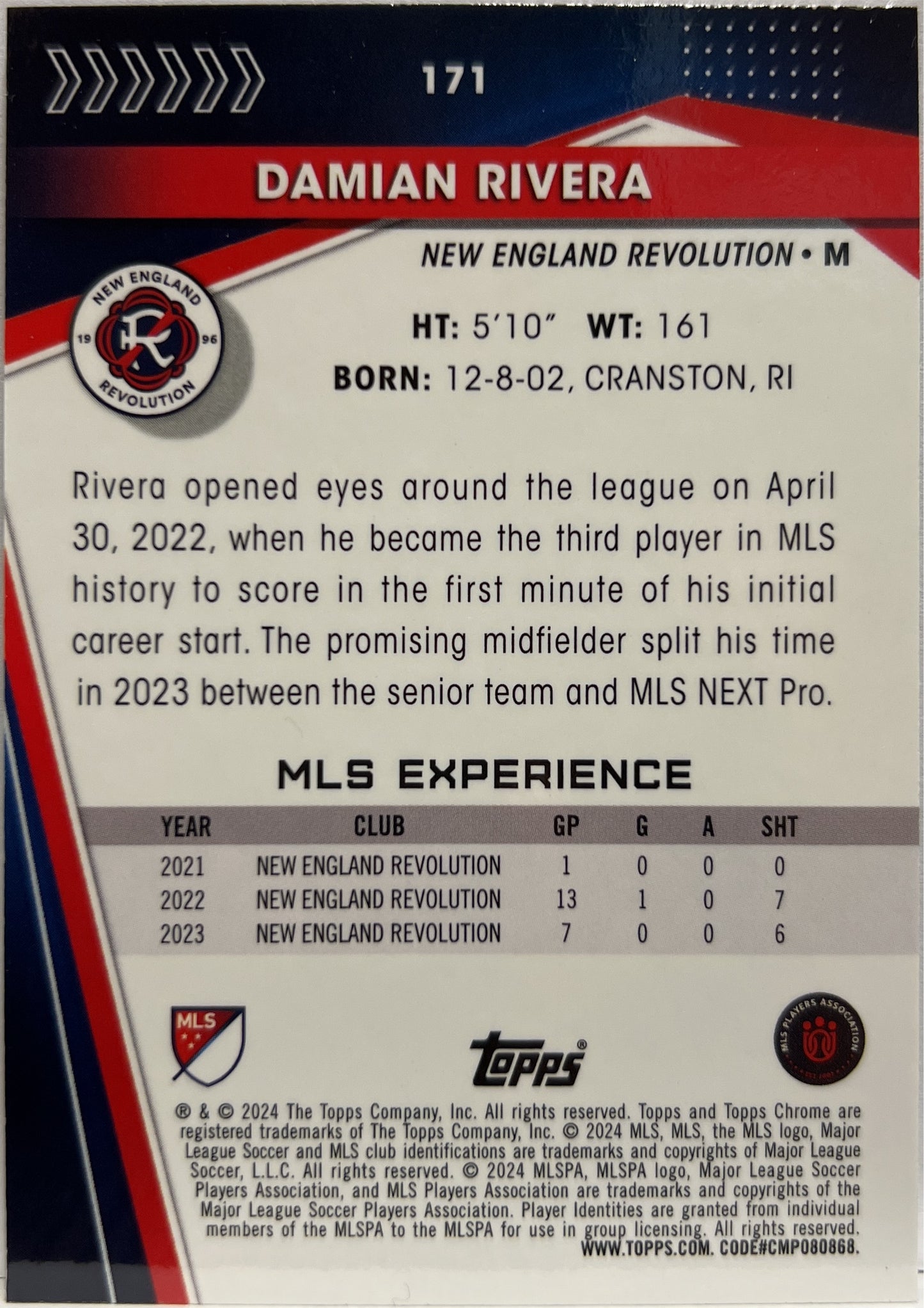 Damian Rivera 31/150 Rookie Blue Topps Chrome MLS 2023/24