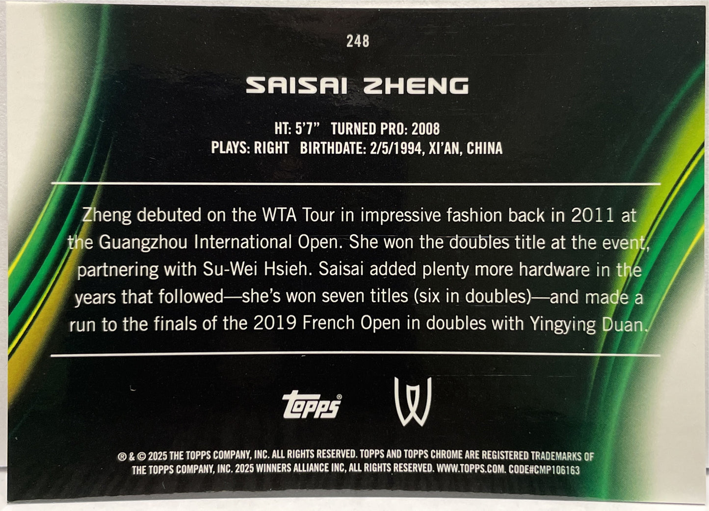 Saisai Zheng 50/150 1ST Blue Topps Chrome Tennis 2025