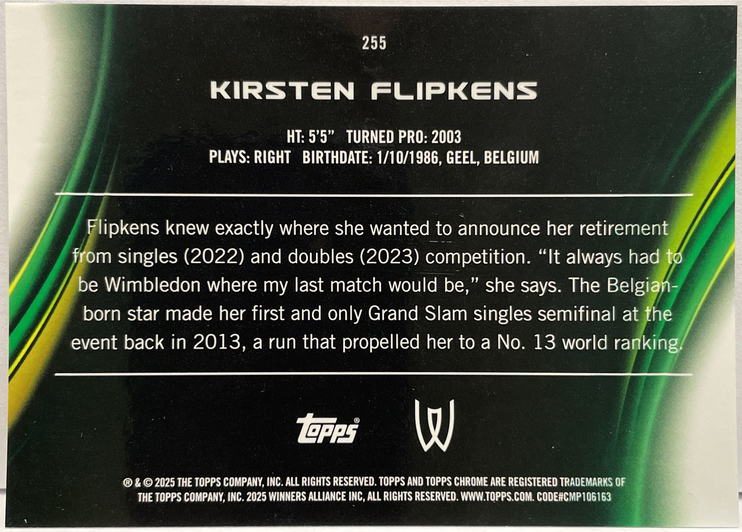 Kirsten Flipkens 100/150 1ST Blue Topps Chrome Tennis 2025