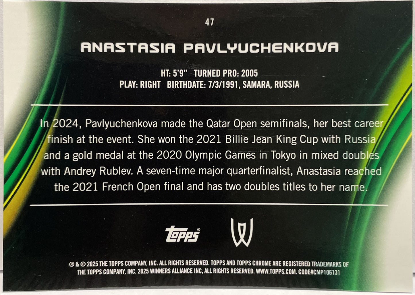 Anastasia Pavlyuchenkova 116/150 Blue Topps Chrome Tennis 2025