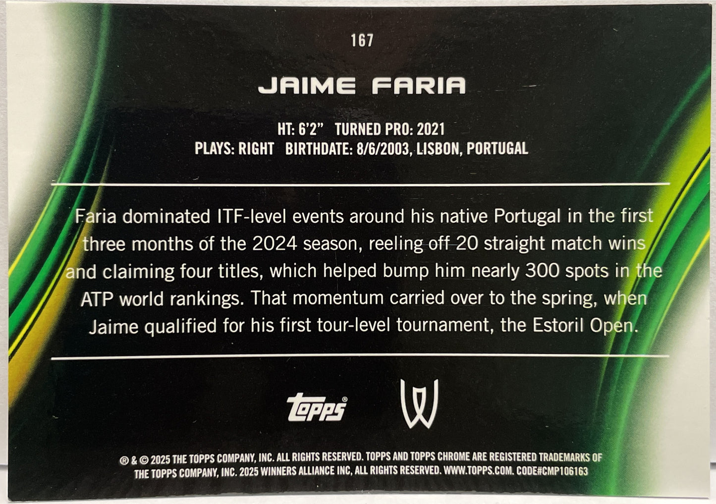 Jaime Faria 125/150 Rookie Blue Topps Chrome Tennis 2025