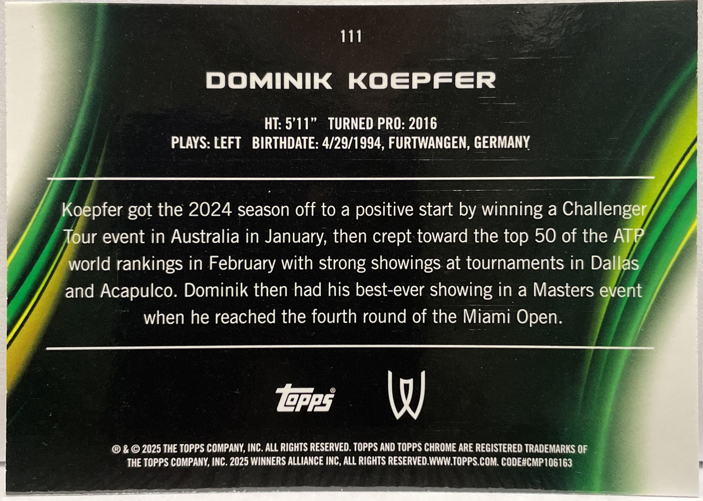 Dominik Koepfer 40/150 Blue Topps Chrome Tennis 2025