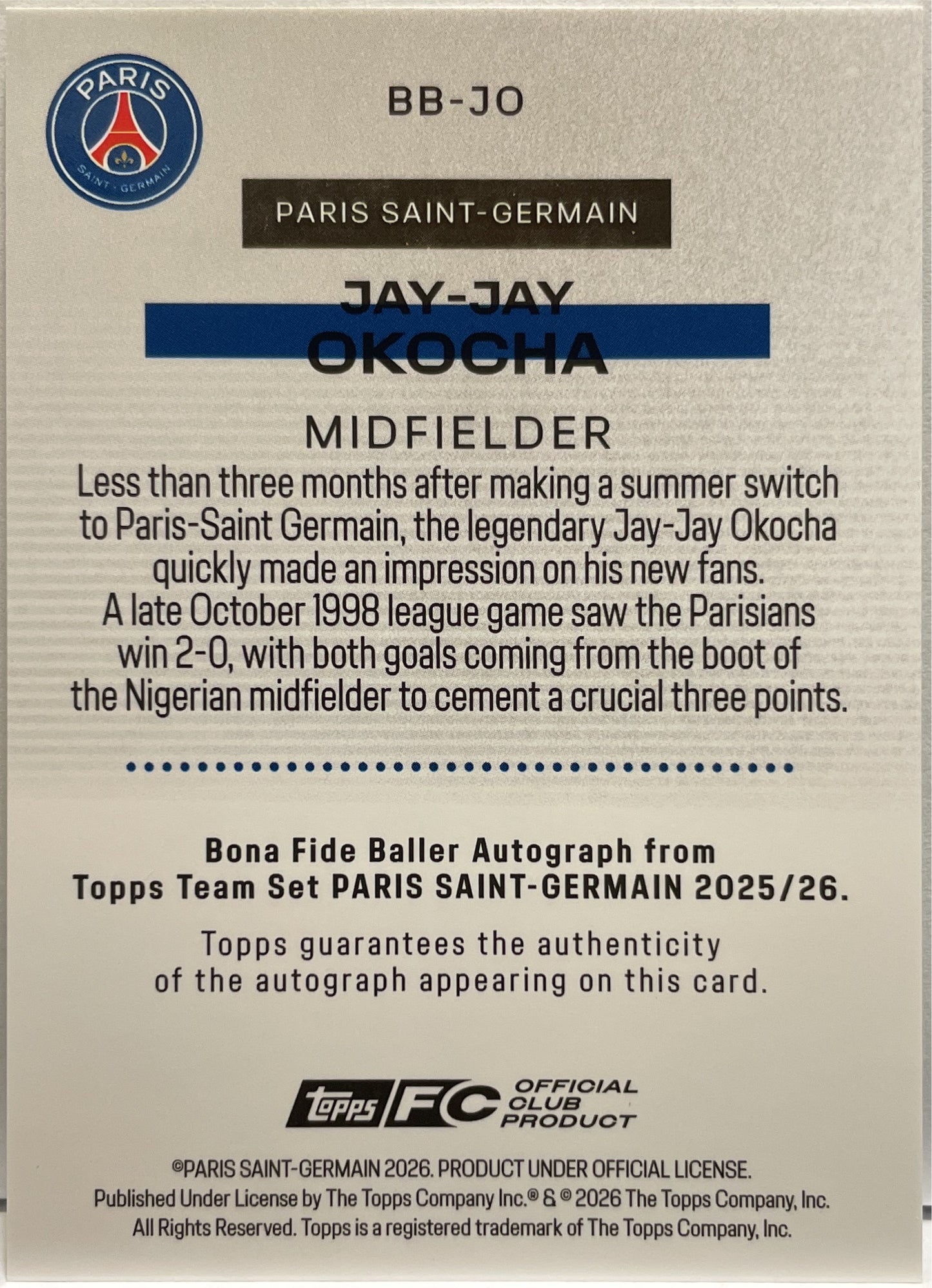 Jay Jay Okocha 18/50 Autograph Gold Topps PSG Team Set 2025/26