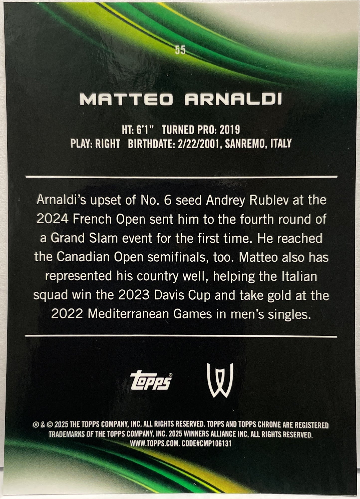 Matteo Arnaldi 74/150 Rookie Blue Topps Chrome Tennis 2025