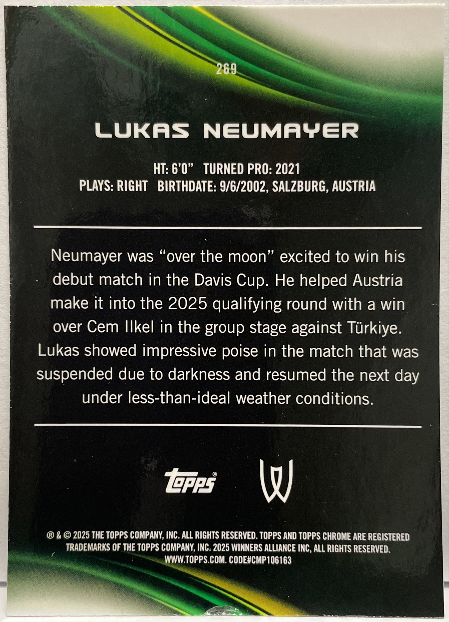 Lukas Neumayer 49/150 Rookie Blue Topps Chrome Tennis 2025