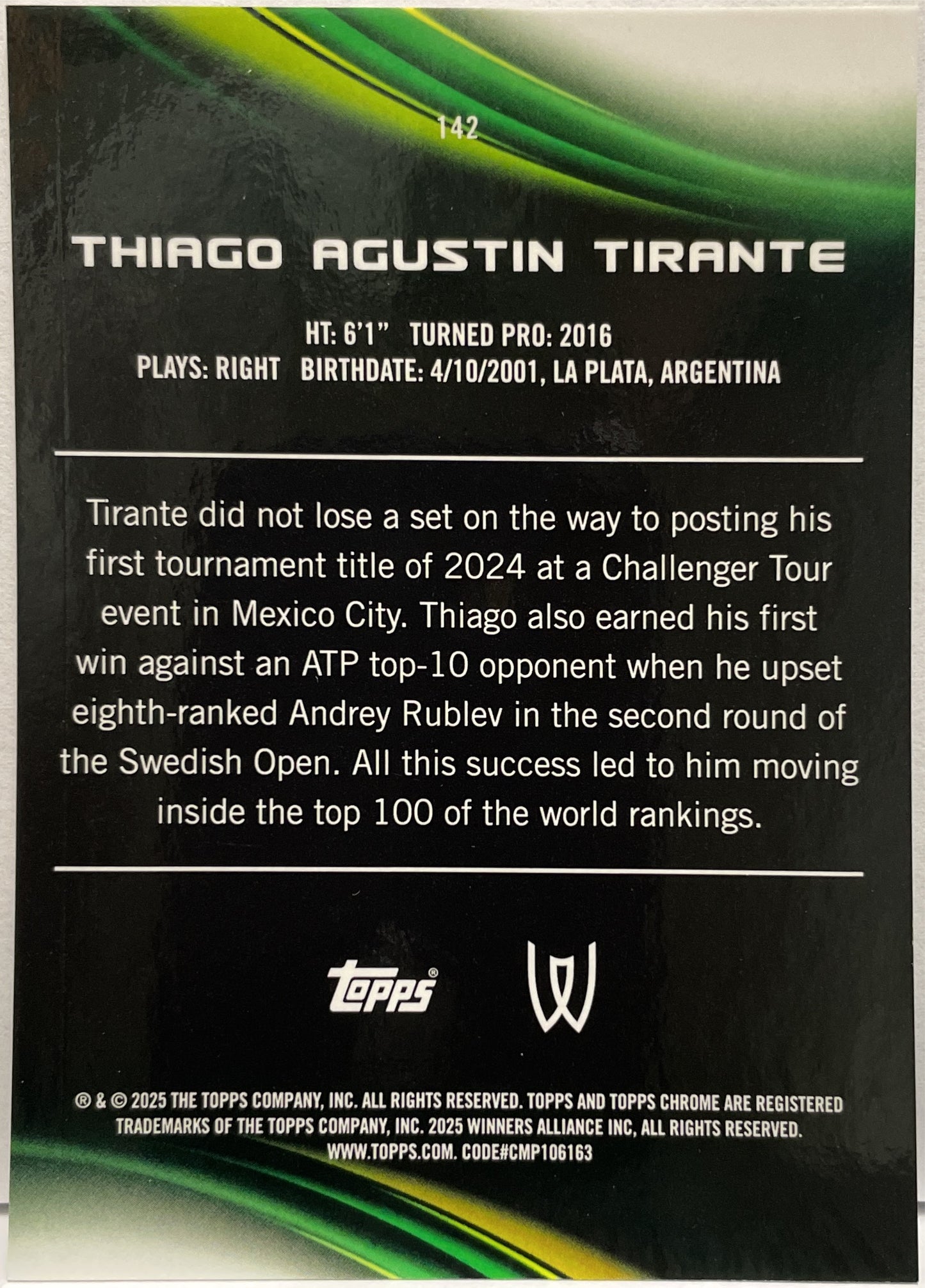 Thiago Agustin Tirante 56/150 Rookie Blue Topps Chrome Tennis 2025