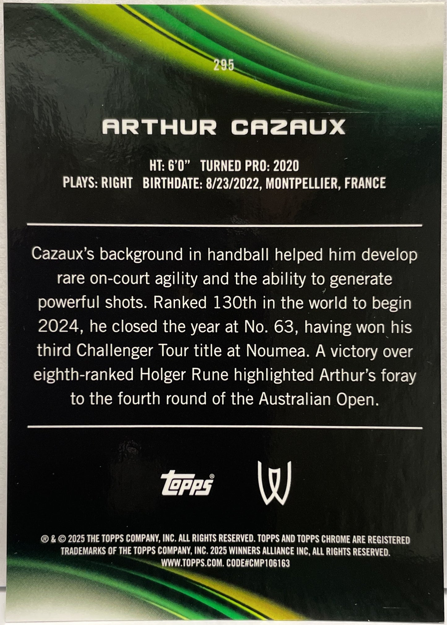 Arthur Cazaux 23/150 Rookie Blue Topps Chrome Tennis 2025