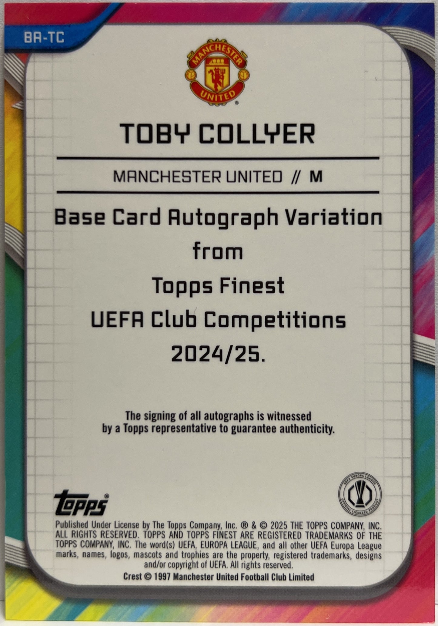 Toby Collyer 186/199 Rookie Autograph Purple Shimmer Topps Finest UCC 2024/25