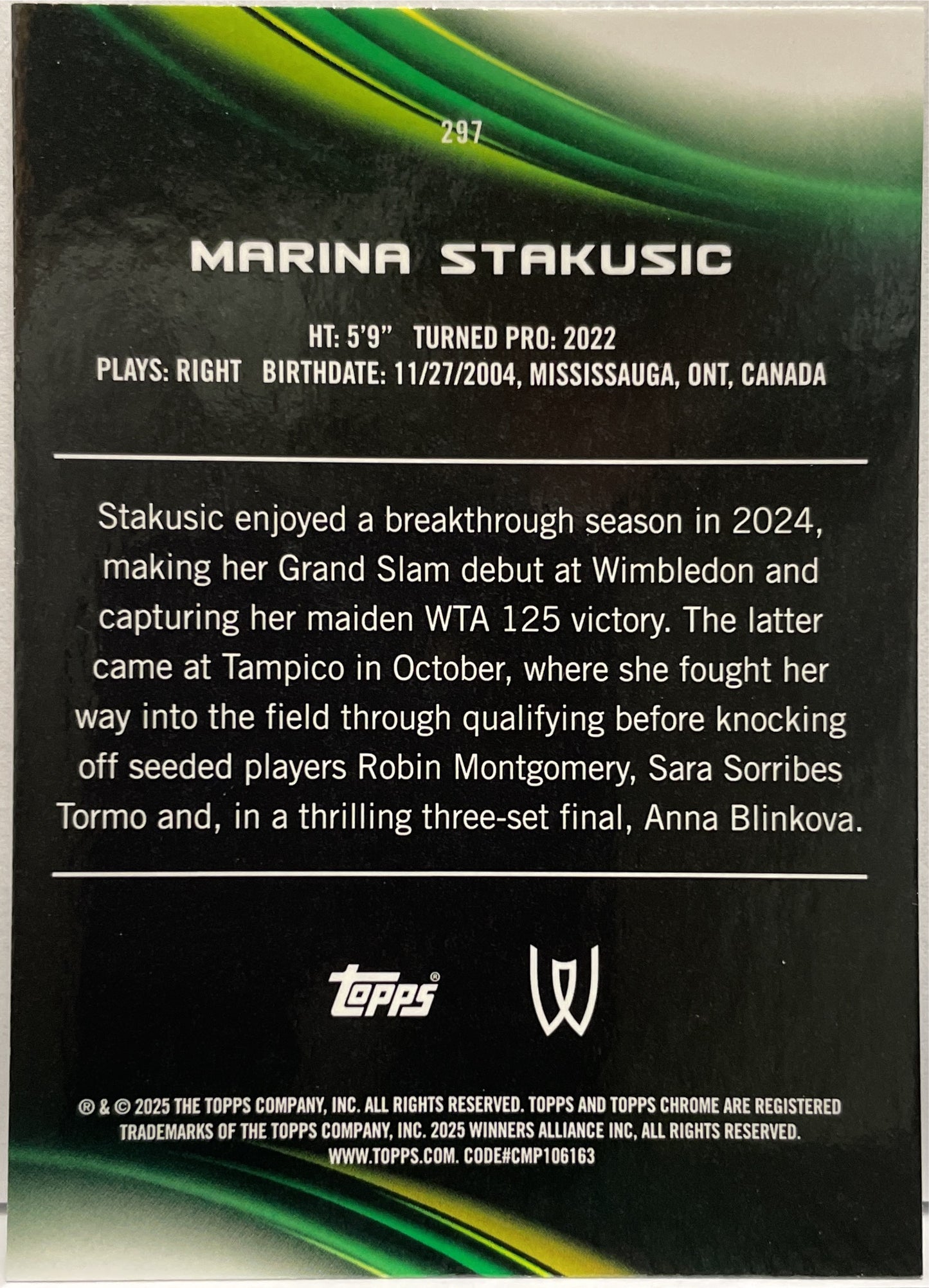 Marina Stakusic 150/150 Rookie Blue Topps Chrome Tennis 2025