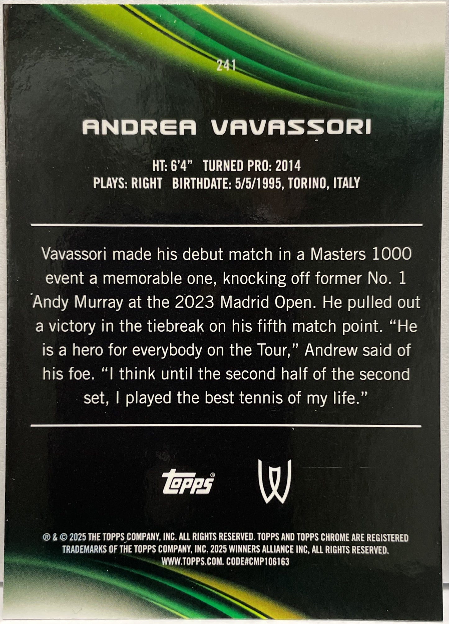 Andrea Vavassori 41/150 1ST Blue Topps Chrome Tennis 2025