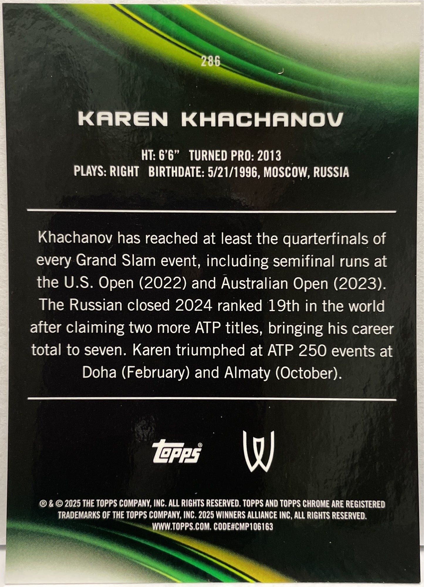 Karen Khachanov 59/150 1ST Blue Topps Chrome Tennis 2025