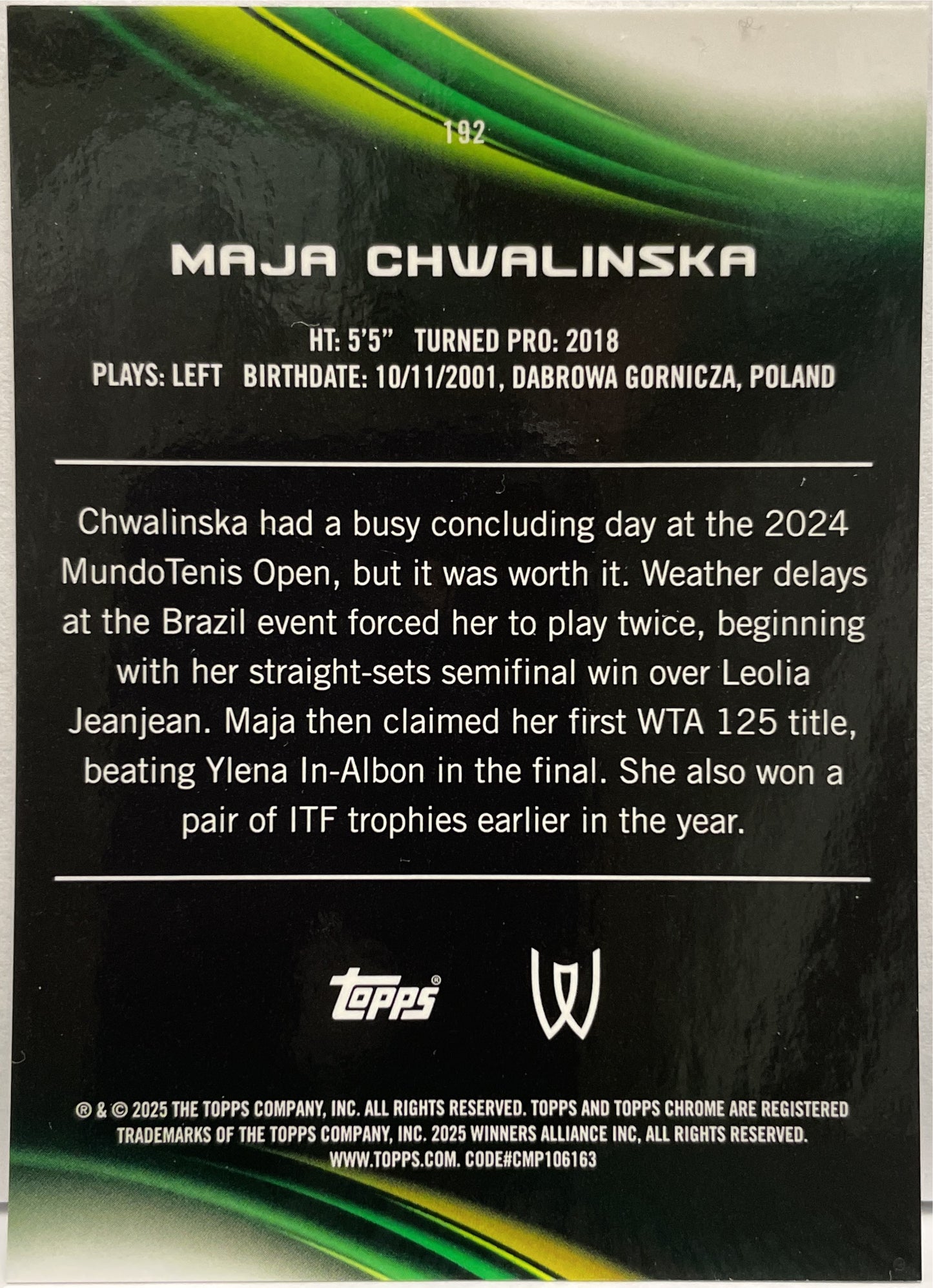 Maja Chwalinska 102/150 1ST Blue Topps Chrome Tennis 2025