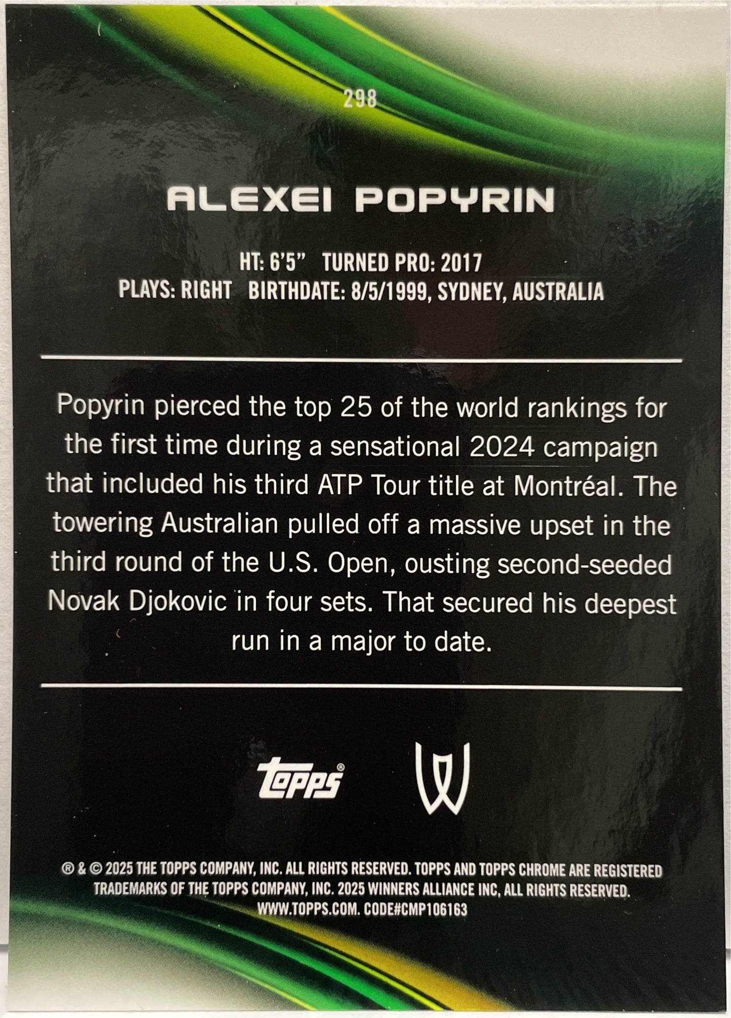 Alexei Popyrin 83/150 1ST Blue Topps Chrome Tennis 2025