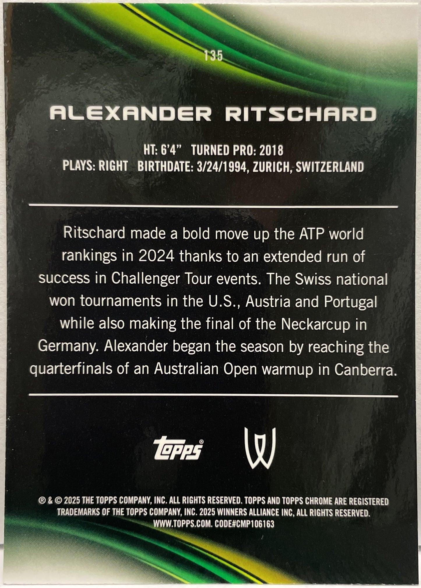 Alexander Ritschard 20/150 1ST Blue Topps Chrome Tennis 2025