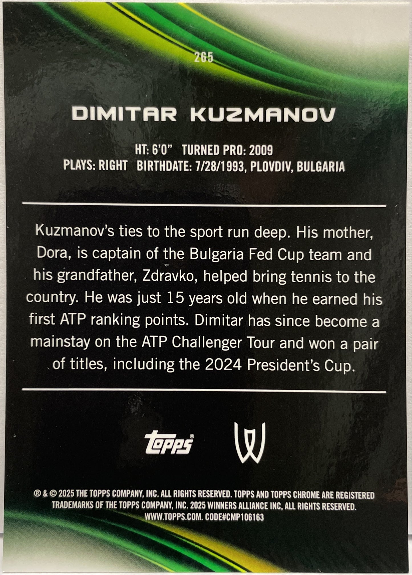 Dimitar Kuzmanov 92/150 1ST Blue Topps Chrome Tennis 2025