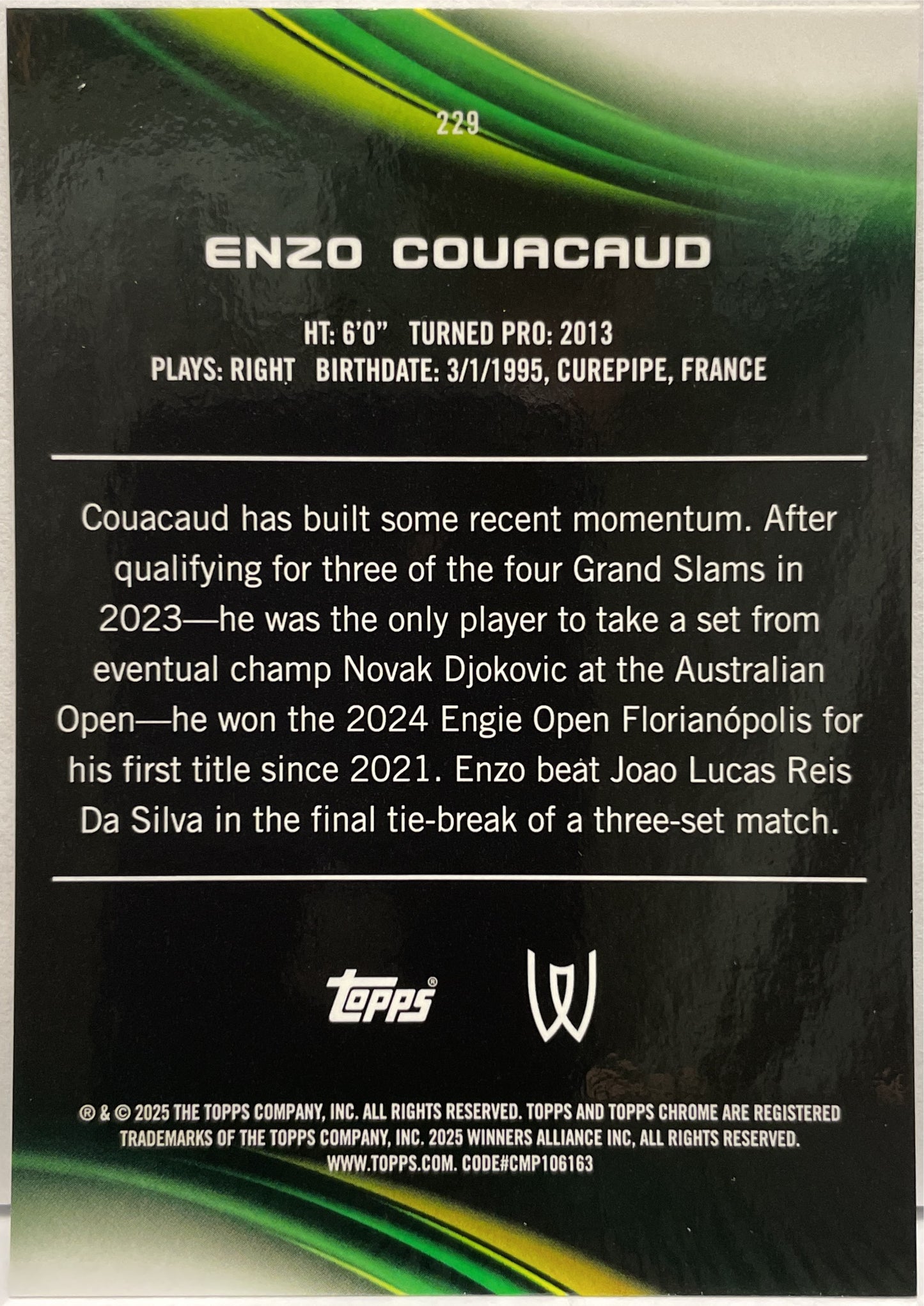 Enzo Couacaud 33/150 1ST Blue Topps Chrome Tennis 2025