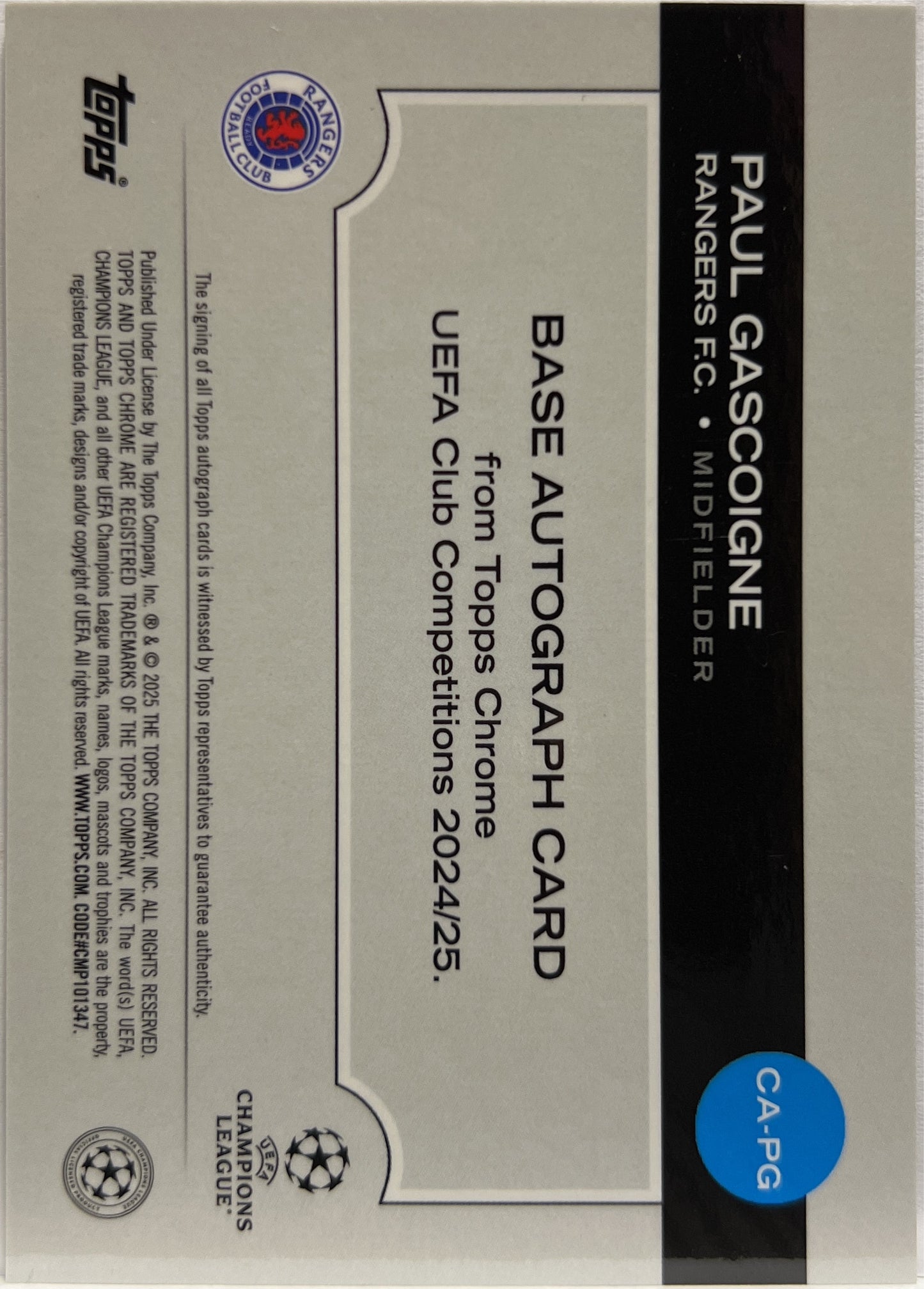 Paul Gascoine 31/52 Autograph Toppsfractor Topps Chrome UCC 2024/25