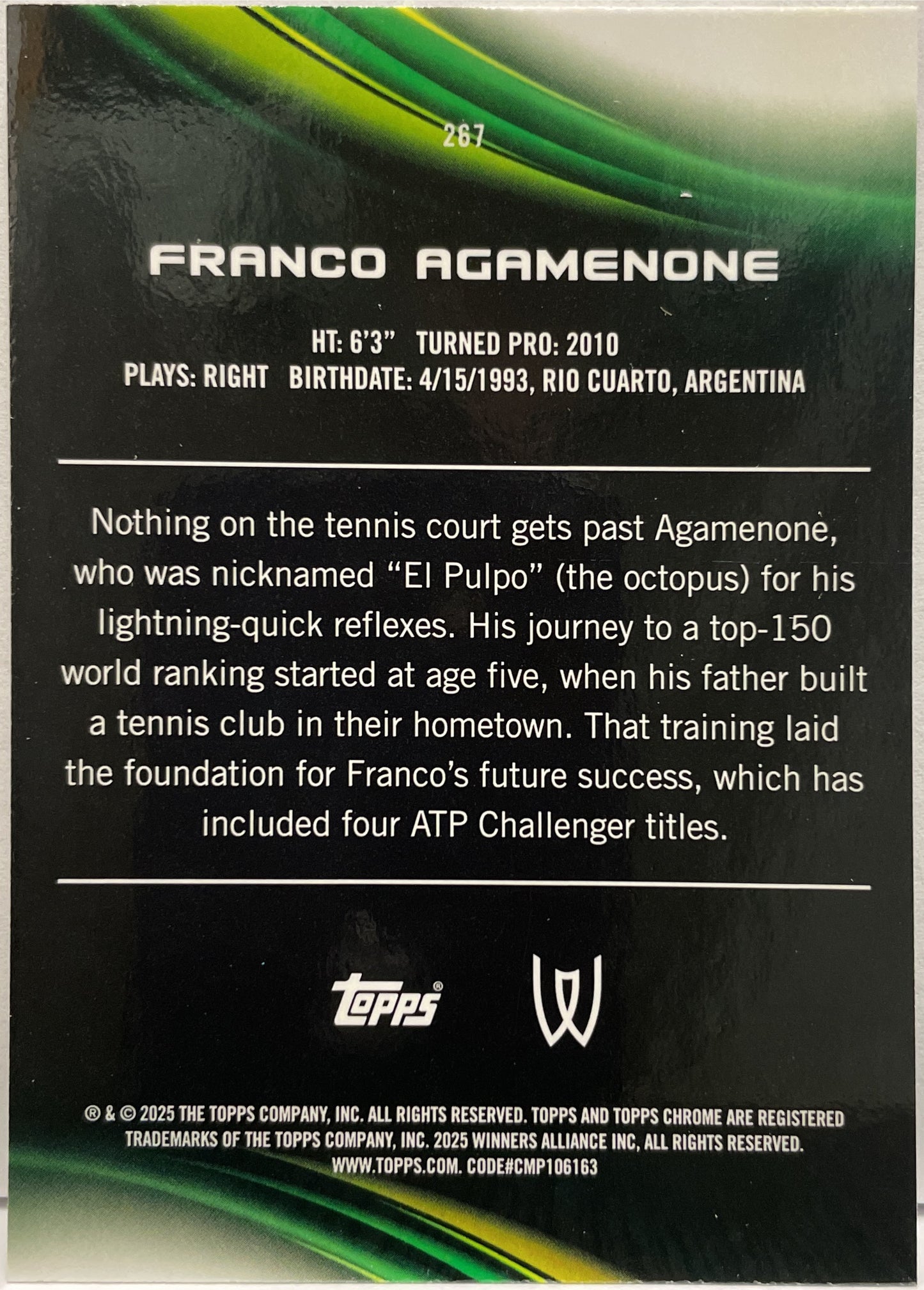 Franco Agamenone 29/150 1ST Blue Topps Chrome Tennis 2025