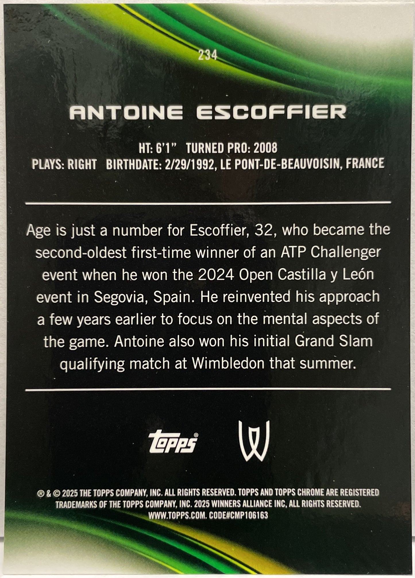 Antoine Escoffier 115/150 1ST Blue Topps Chrome Tennis 2025