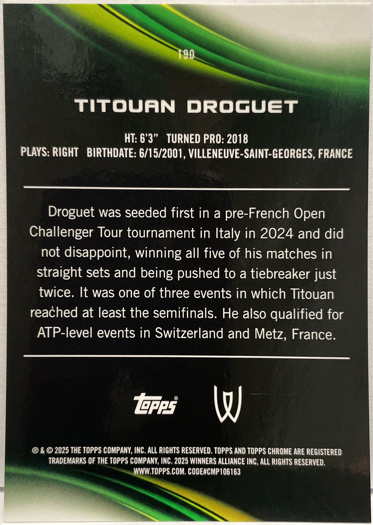 Titouan Droguet 75/150 Blue Topps Chrome Tennis 2025