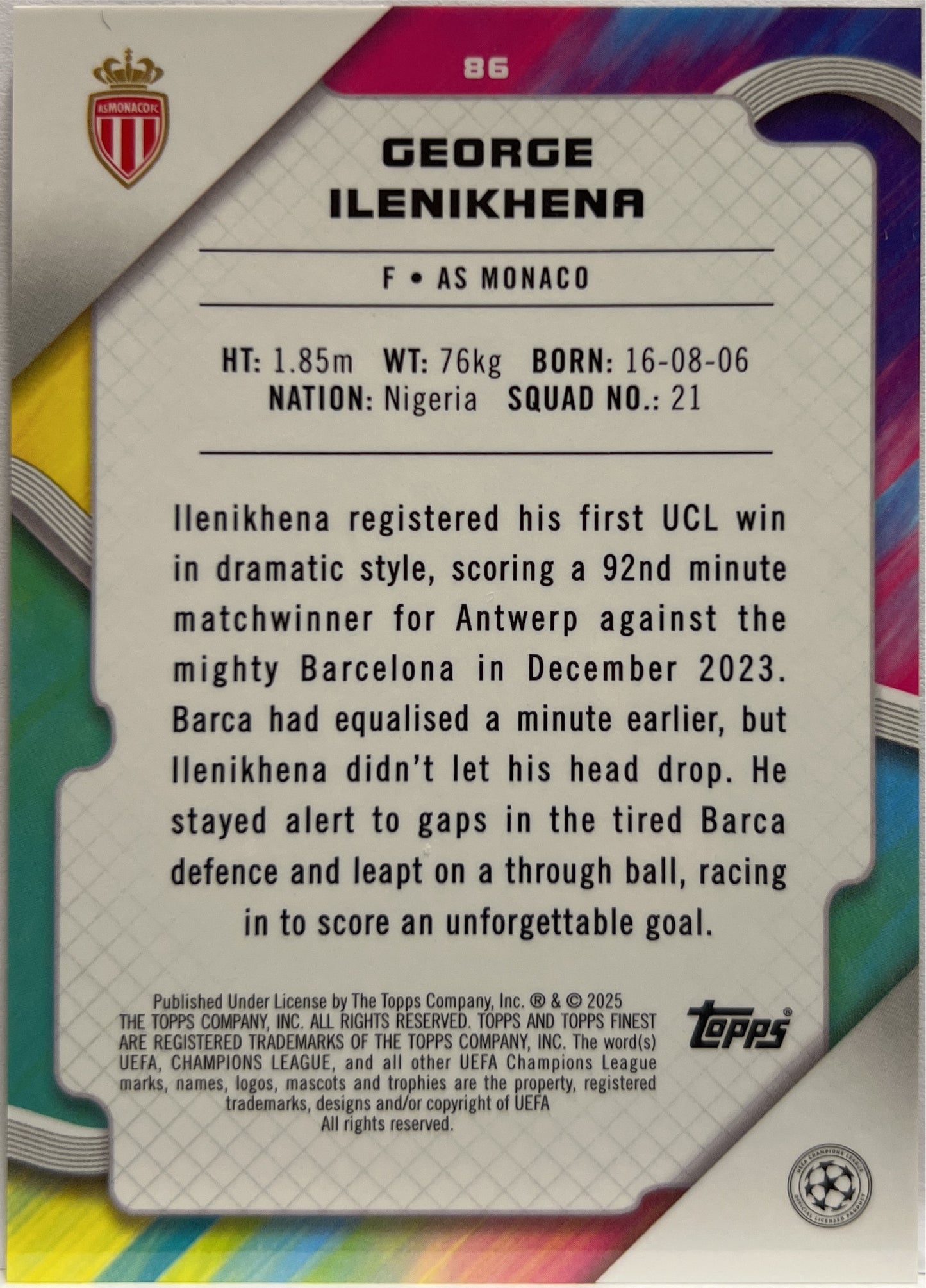 George Ilenikhena 6/10 Rookie Black Topps Finest UCC 2024/25
