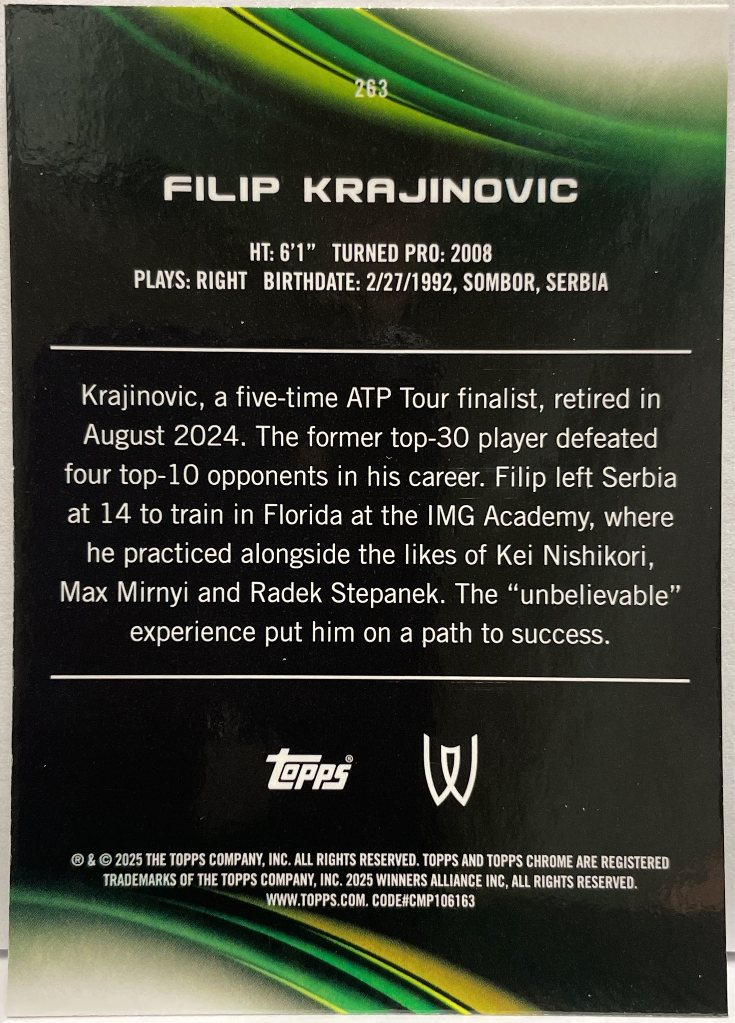 Filip Krajinovic 100/150 Blue Topps Chrome Tennis 2025