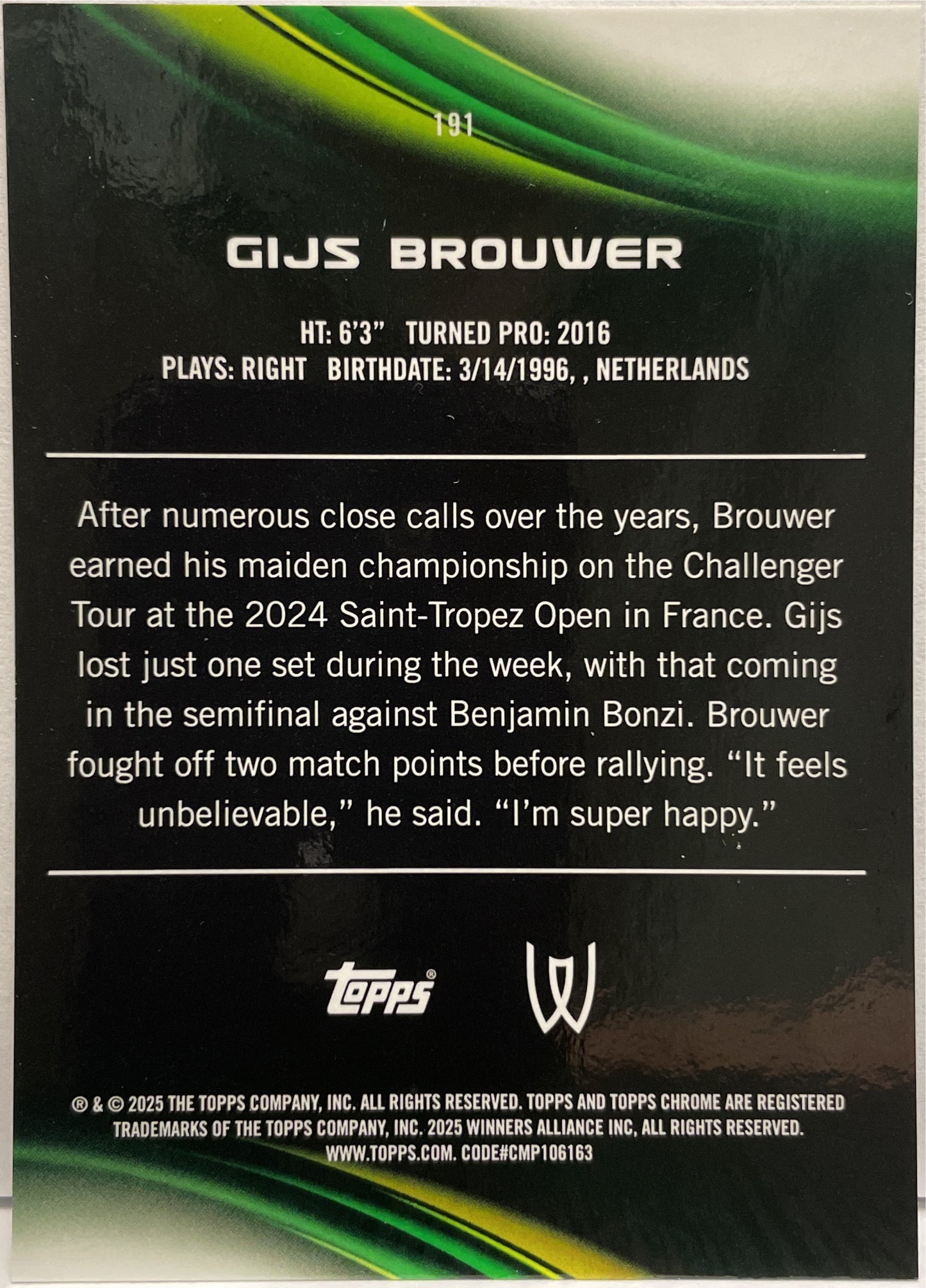 Gijs Brouwer 38/150 Blue Topps Chrome Tennis 2025