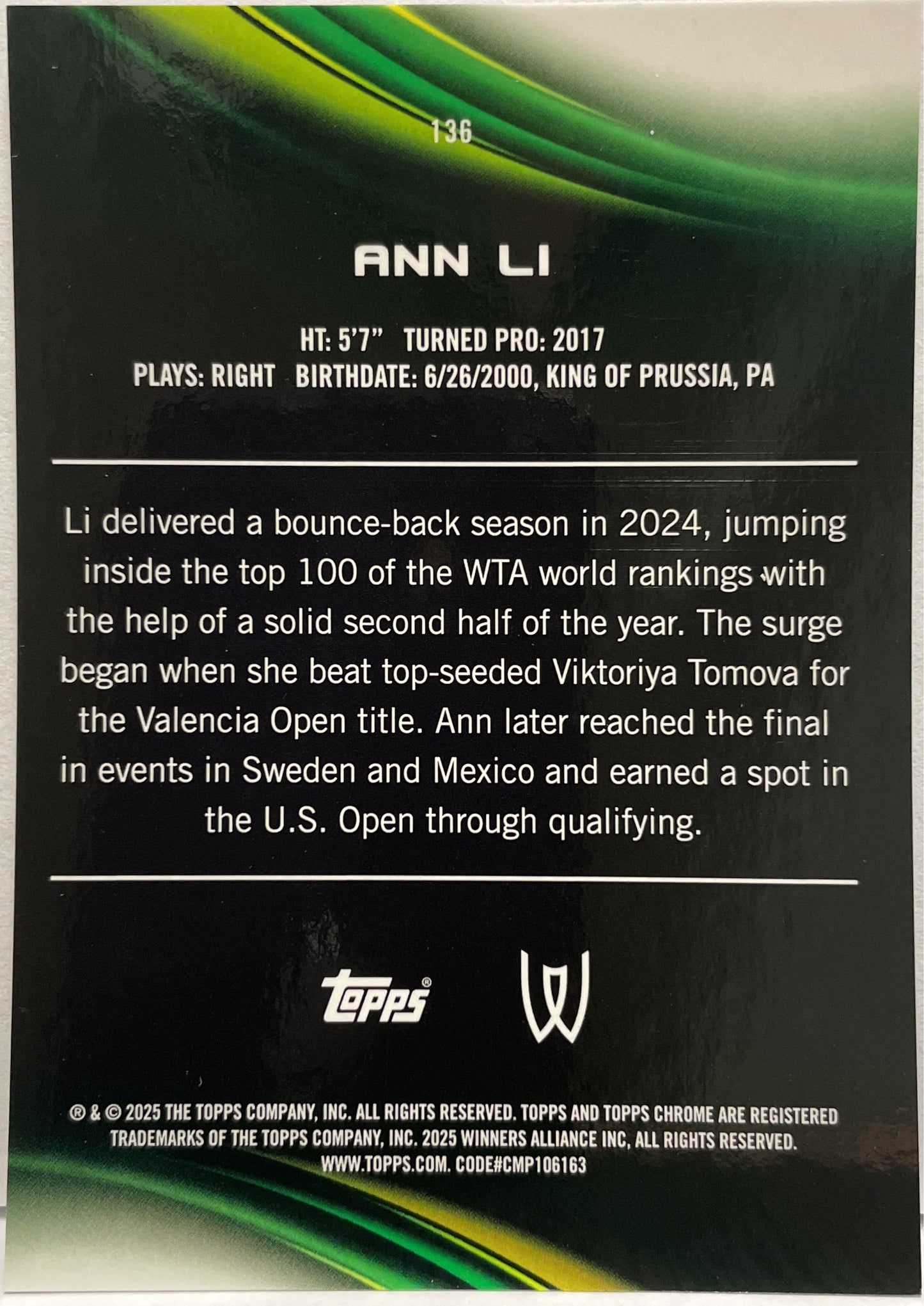 Ann Li 140/150 Blue Topps Chrome Tennis 2025
