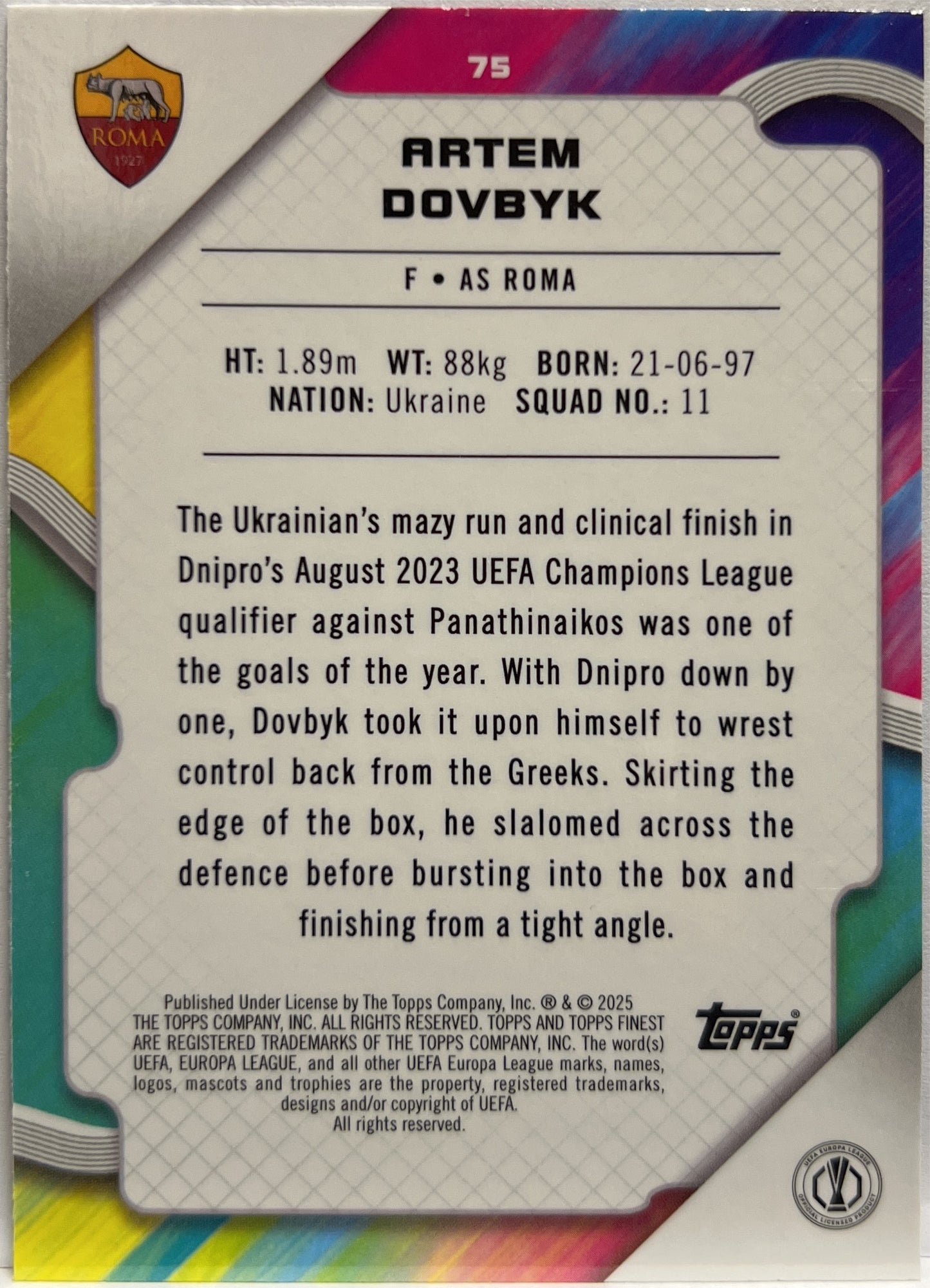 Artem Dovbyk 34/75 Blue Topps Finest UCC 2024/25