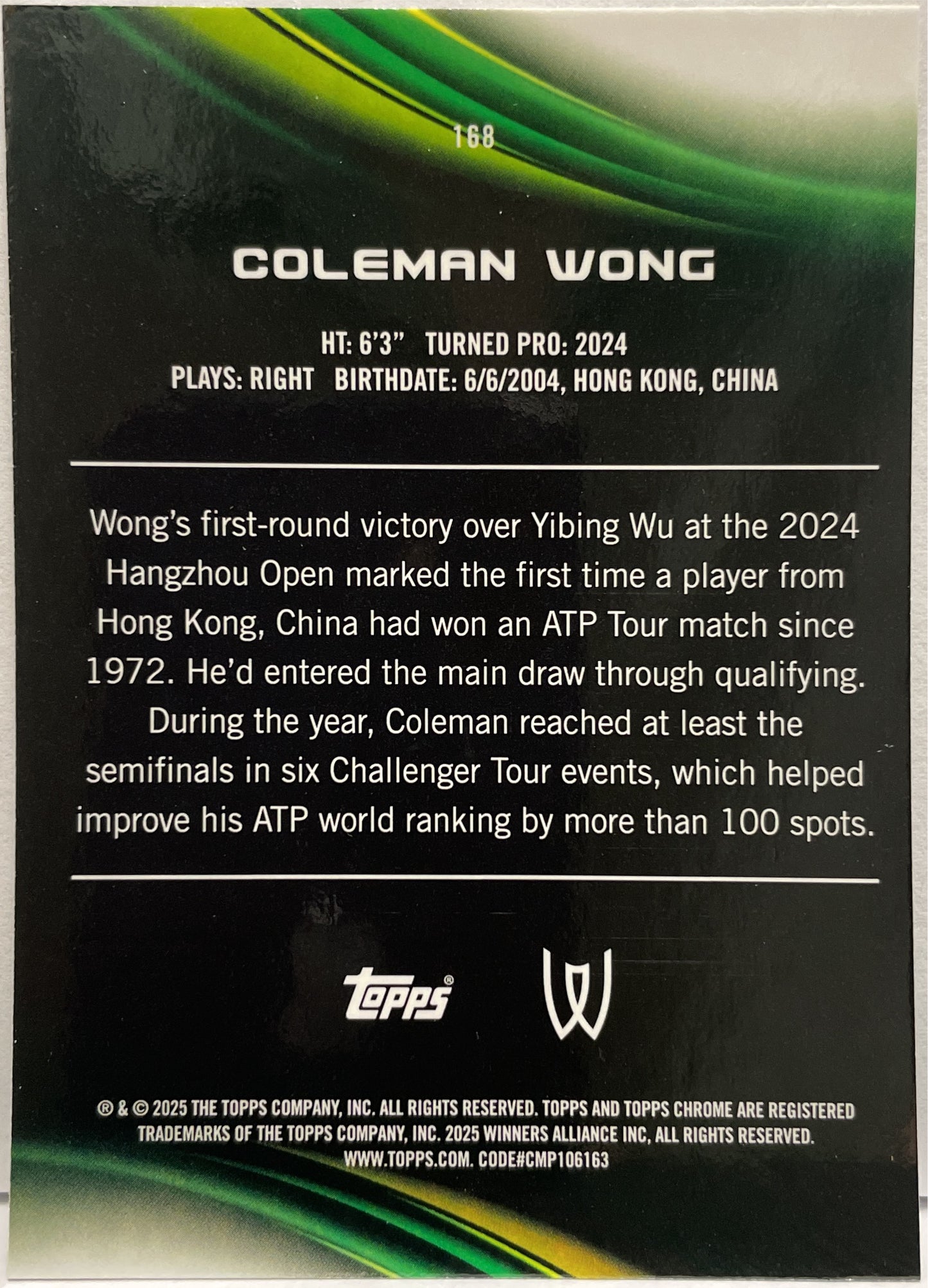 Coleman Wong 9/150 Blue Topps Chrome Tennis 2025