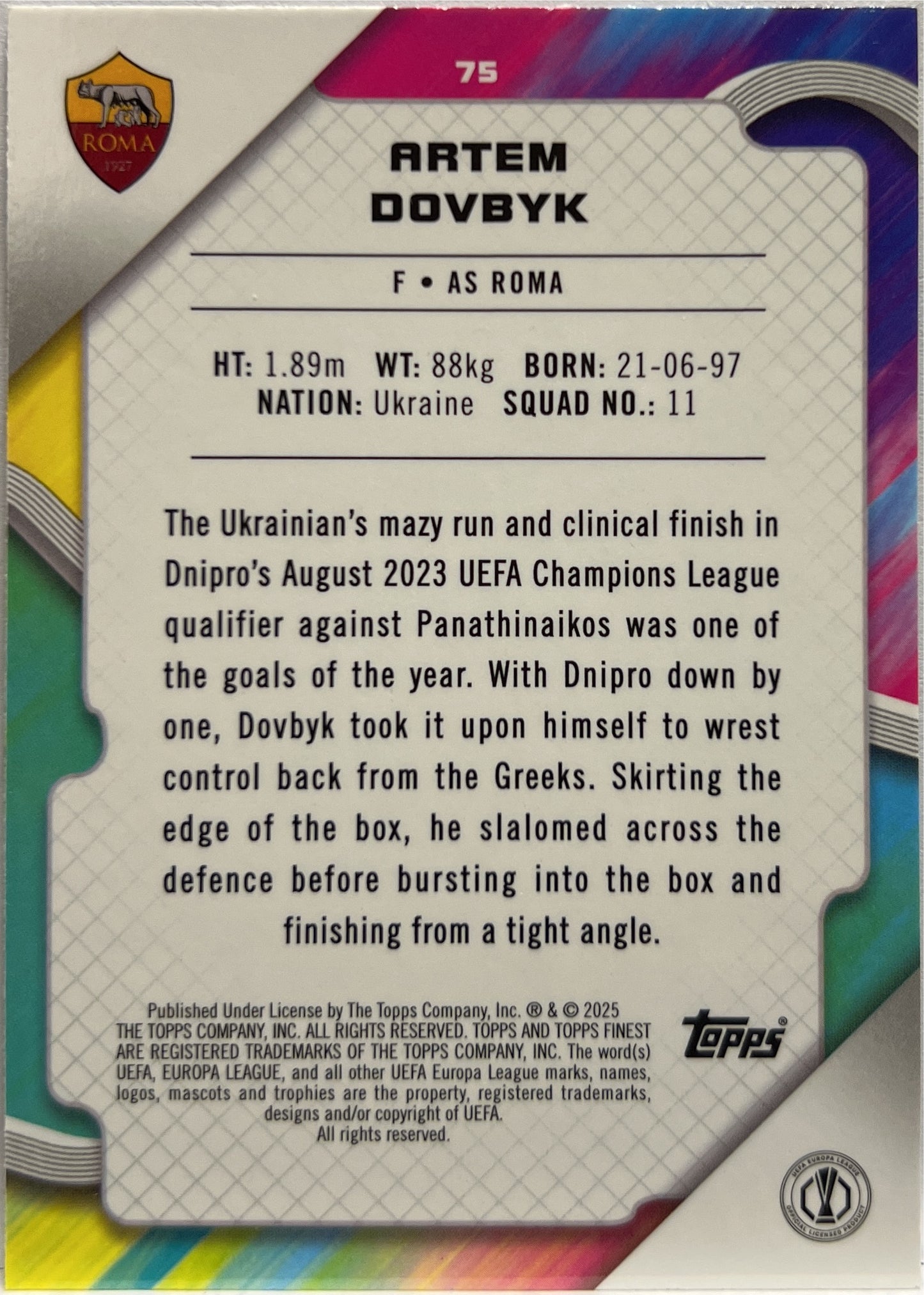 Artem Dovbyk 43/275 Sky Blue Topps Finest UCC 2024/25