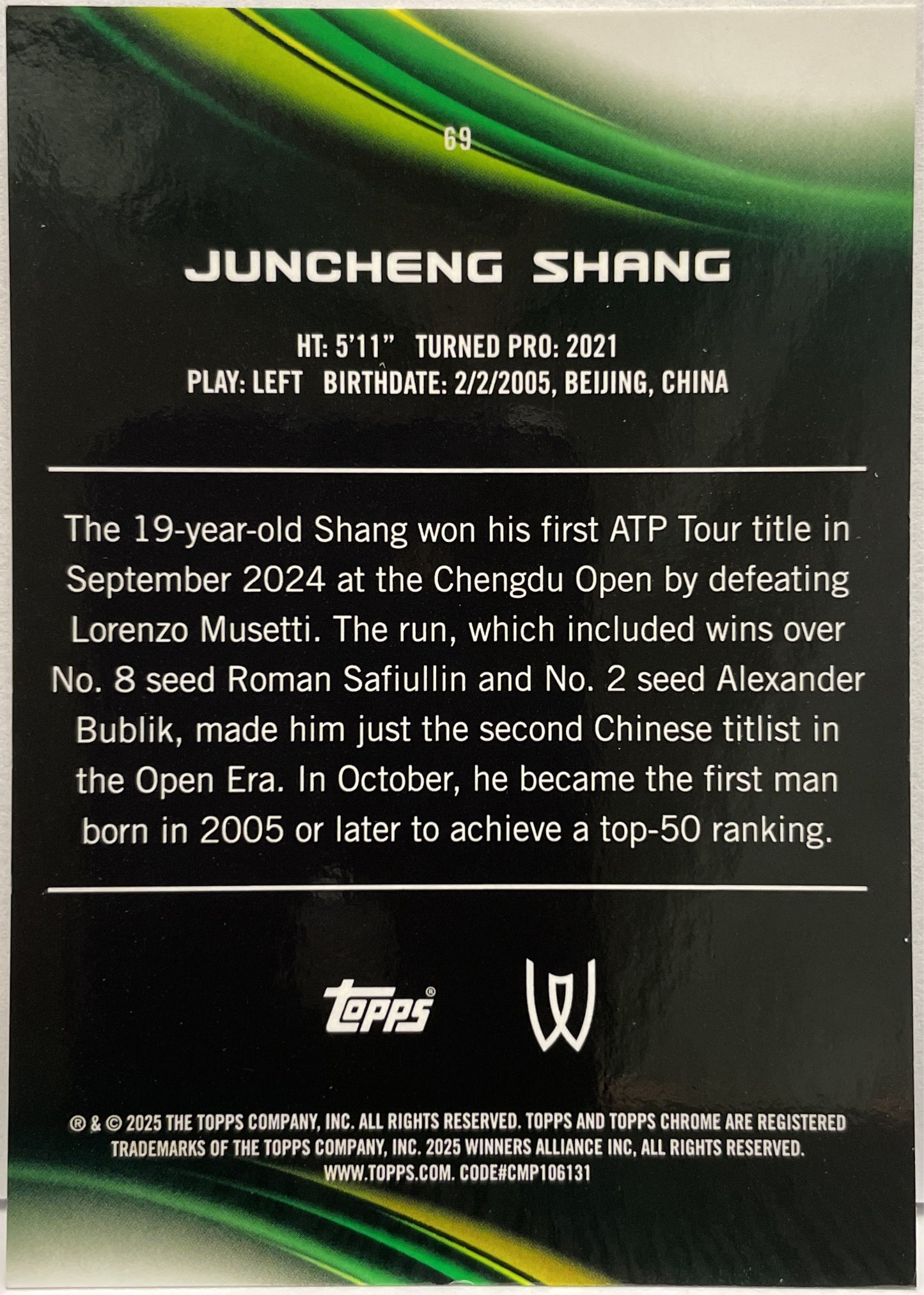 Juncheng Shang 118/150 Blue Topps Chrome Tennis 2025