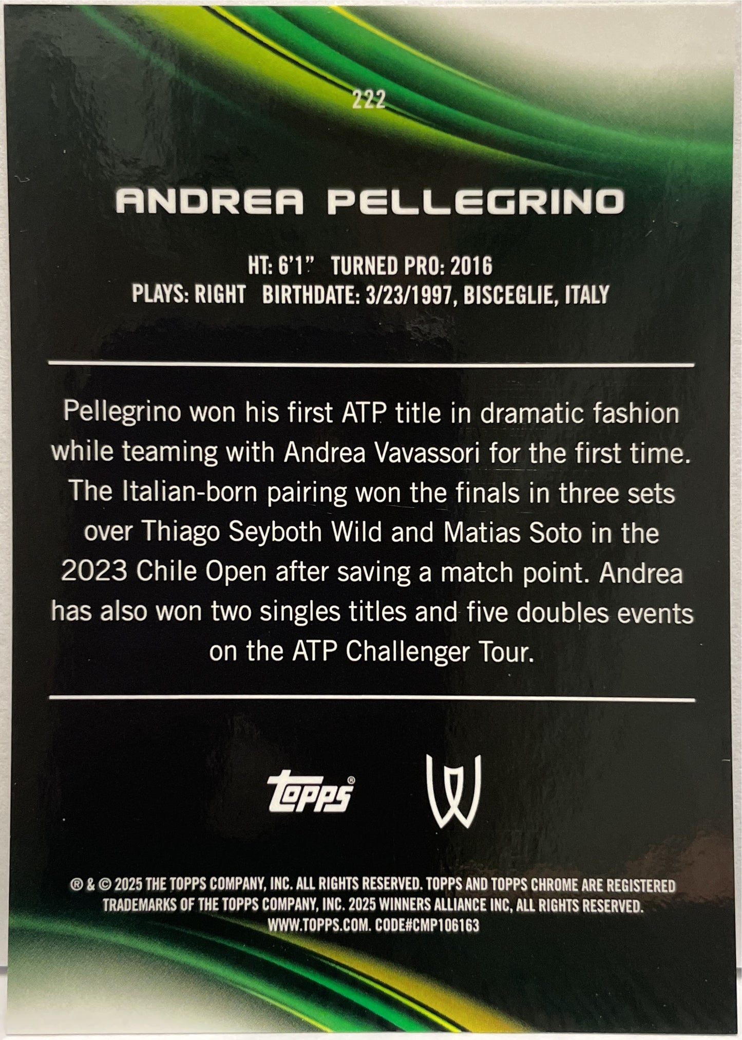 Andrea Pellegrino 96/150 Blue Topps Chrome Tennis 2025
