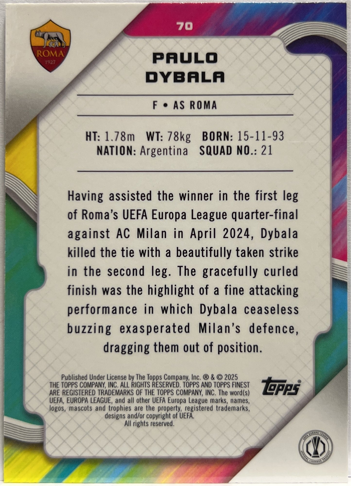 Paulo Dybala 12/150 Blue Raywave Topps Finest UCC 2024/25