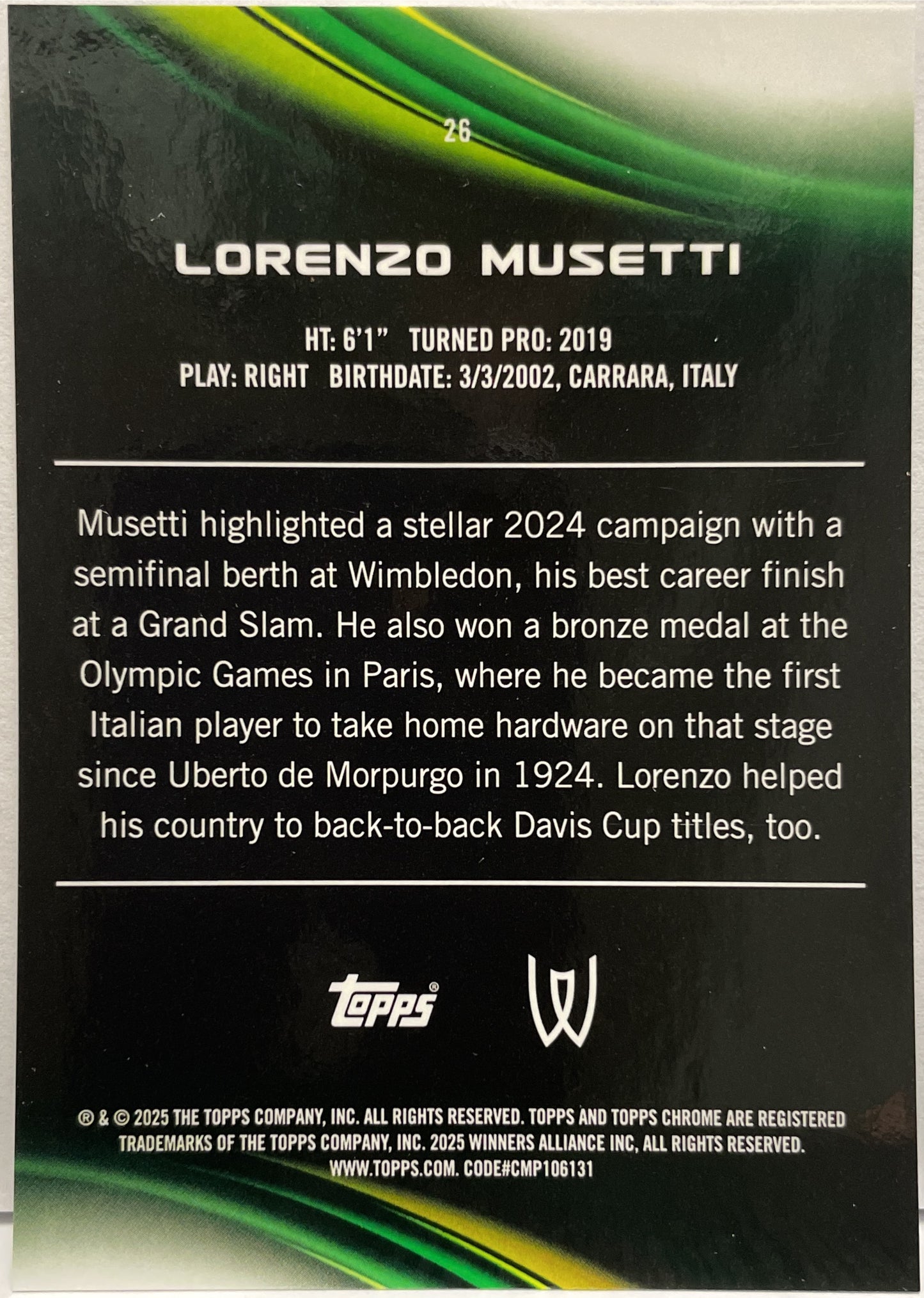 Lorenzo Musetti 143/150 Blue Topps Chrome Tennis 2025
