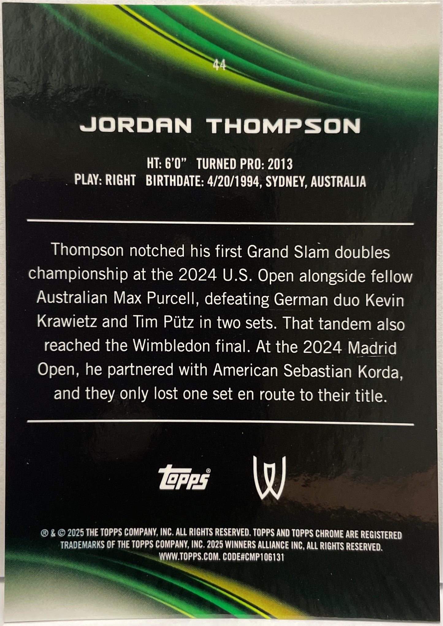 Jordan Thompson 101/150 Blue Topps Chrome Tennis 2025