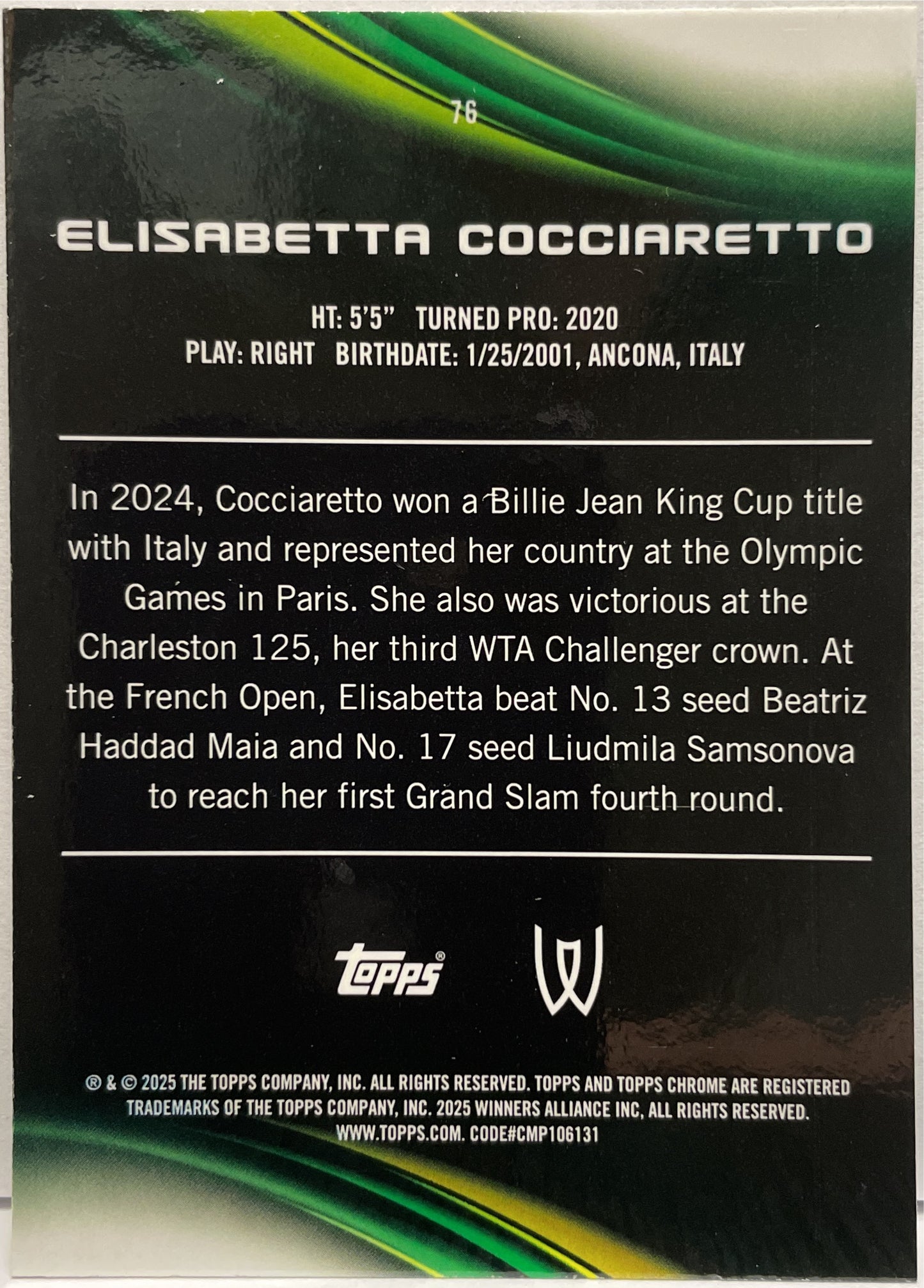 Elisabetta Cocciaretto 85/150 Blue Topps Chrome Tennis 2025