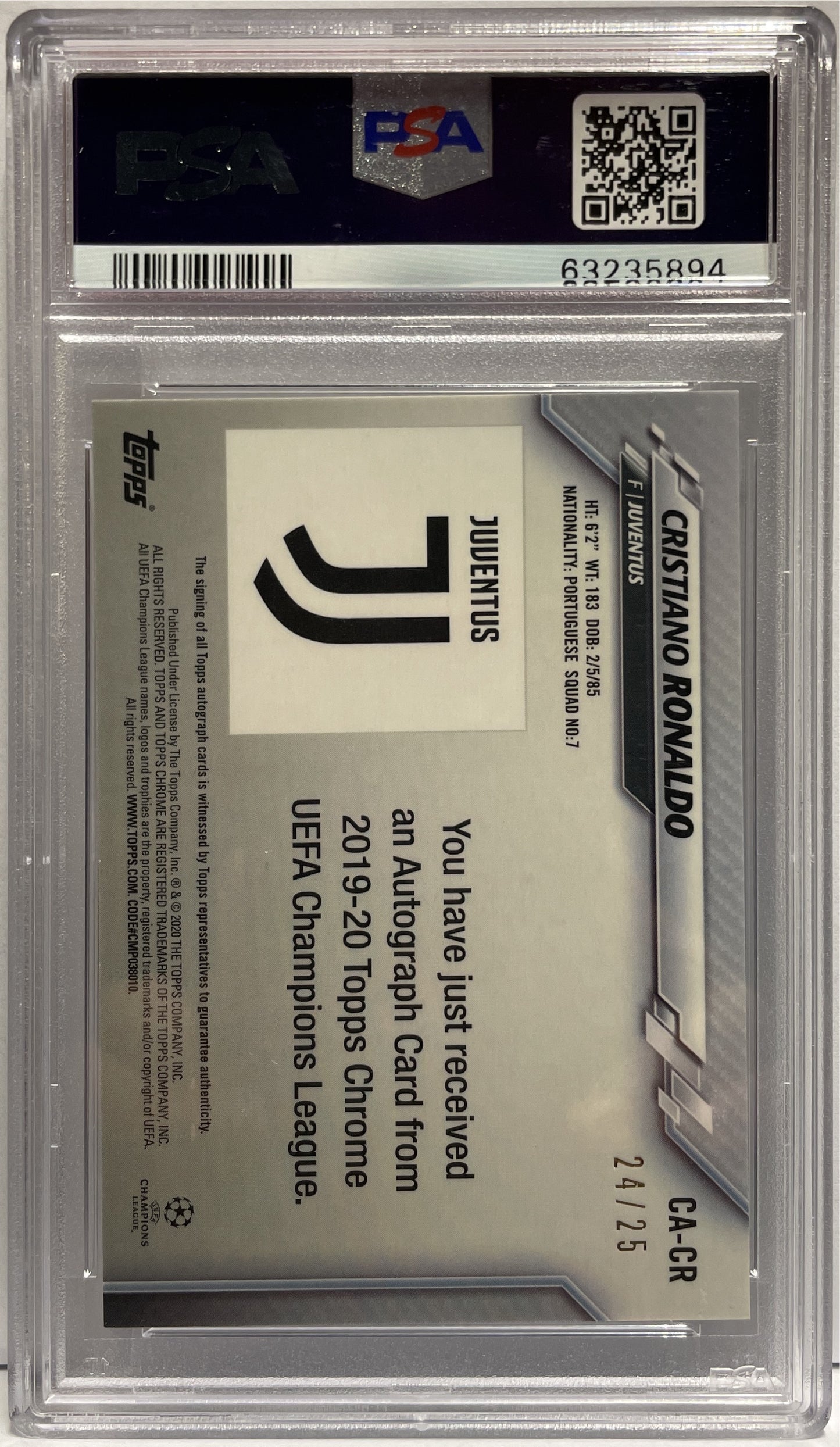 Cristiano Ronaldo 24/25 Autograph Orange Refractor Topps Chrome UCL 2019/20 PSA 9
