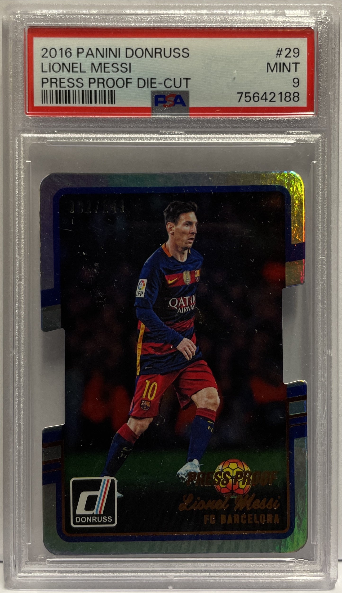Lionel Messi 92/149 Die Cut Press Proof Panini Donruss Fifa 2016/17 PSA 9