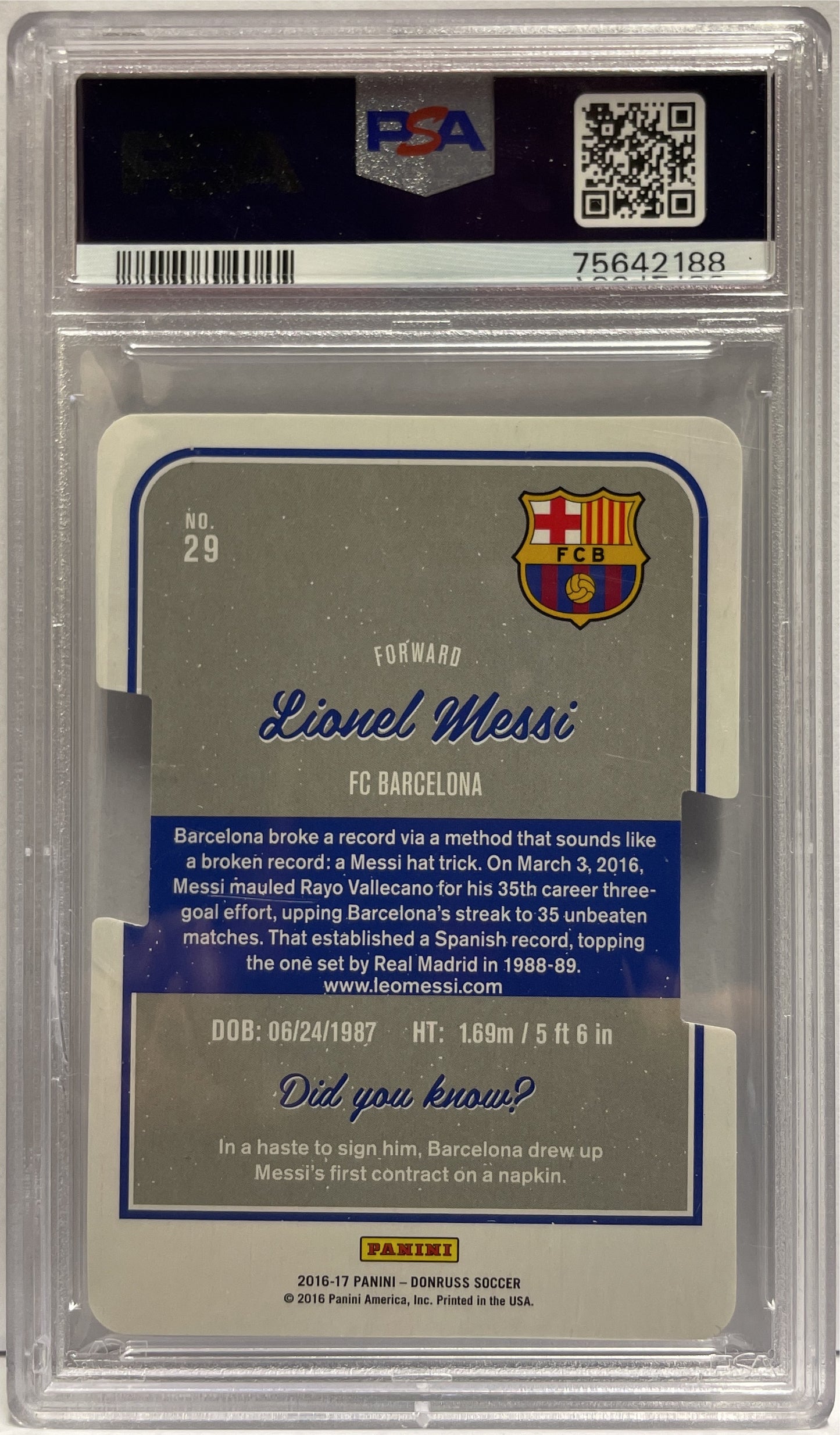 Lionel Messi 92/149 Die Cut Press Proof Panini Donruss Fifa 2016/17 PSA 9