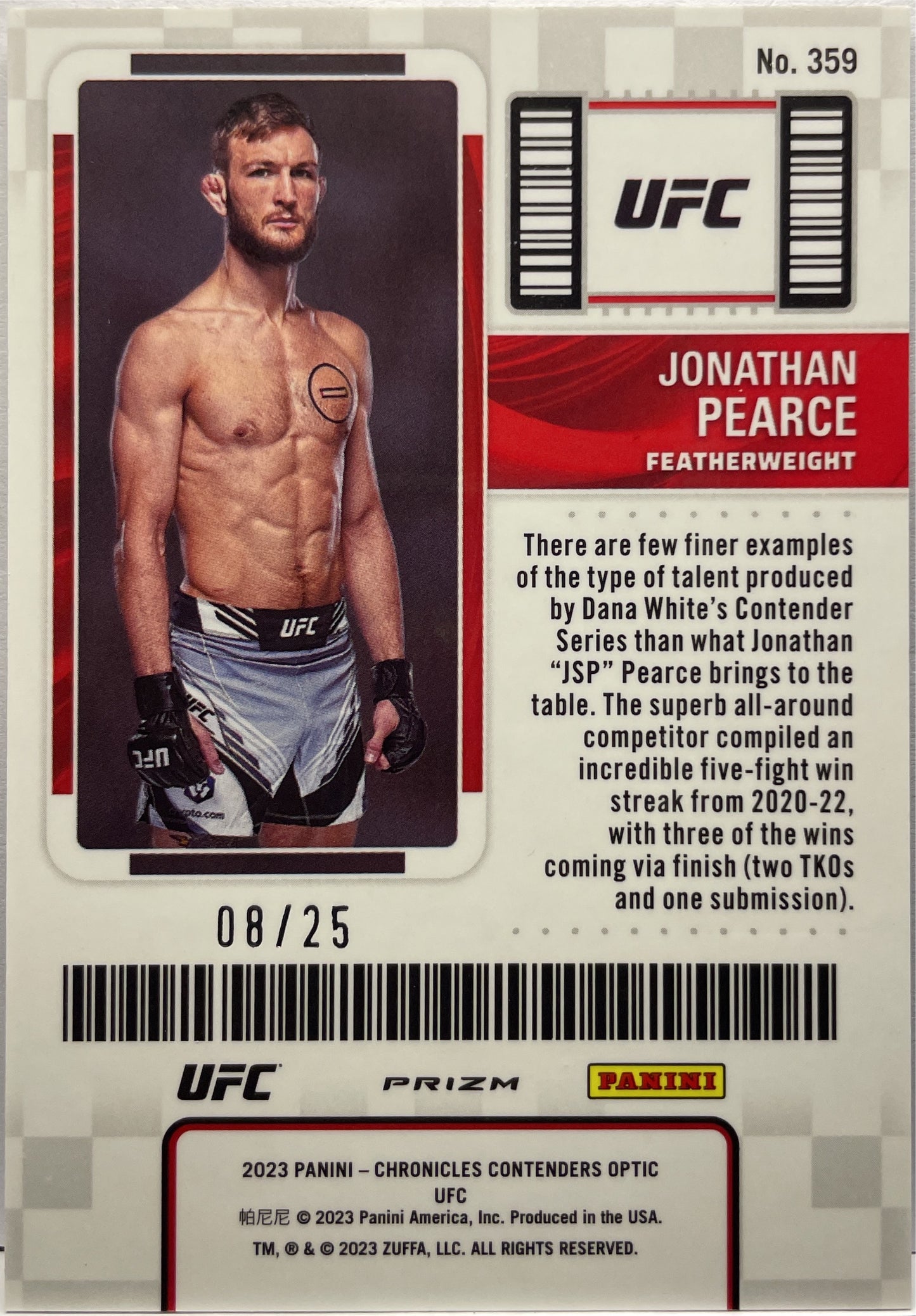 Jonathan Pearce 8/25 Rookie Season Ticket Optic Cracked Ice Chronicles UFC 2023