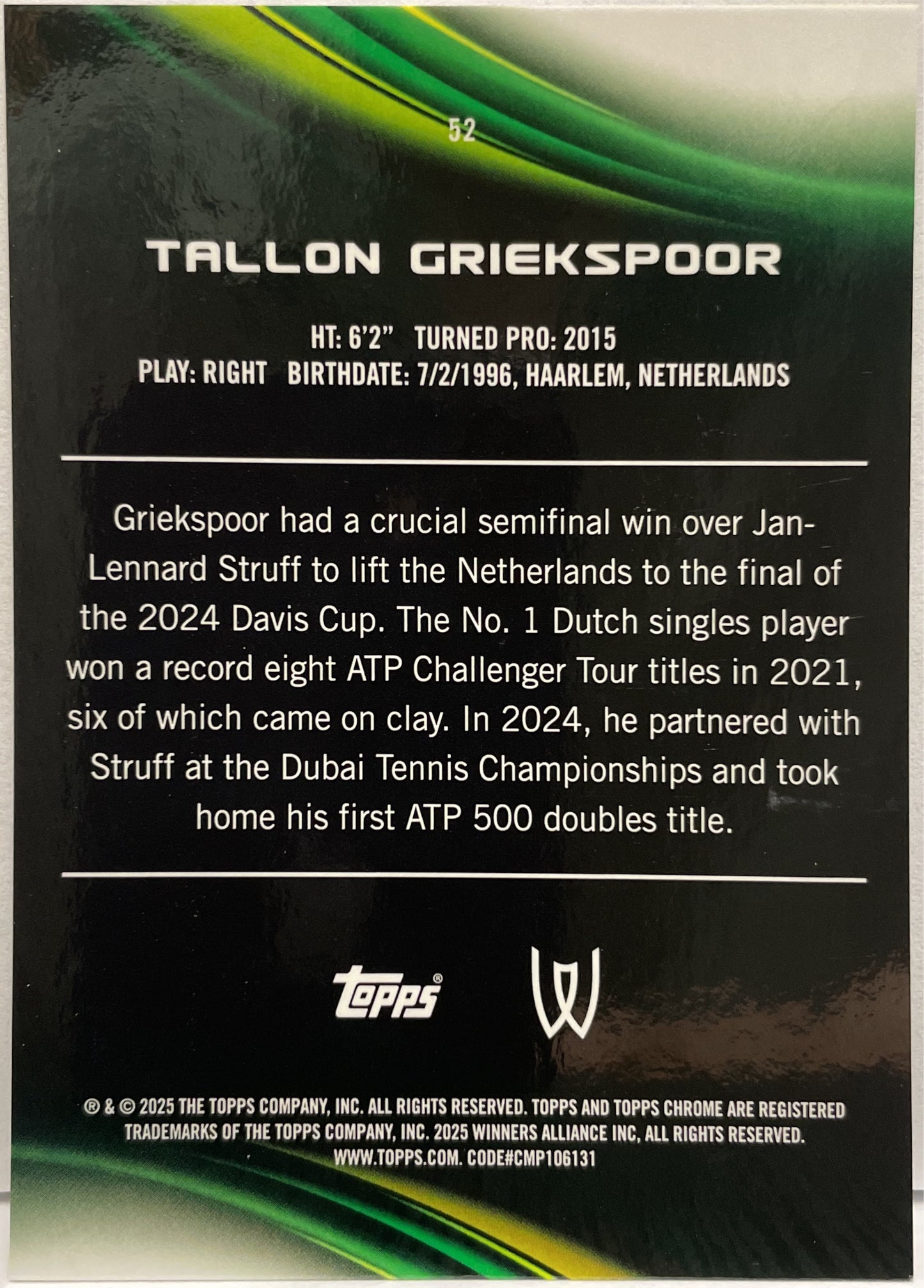 Tallon Griekspoor 53/150 Blue Topps Chrome Tennis 2025