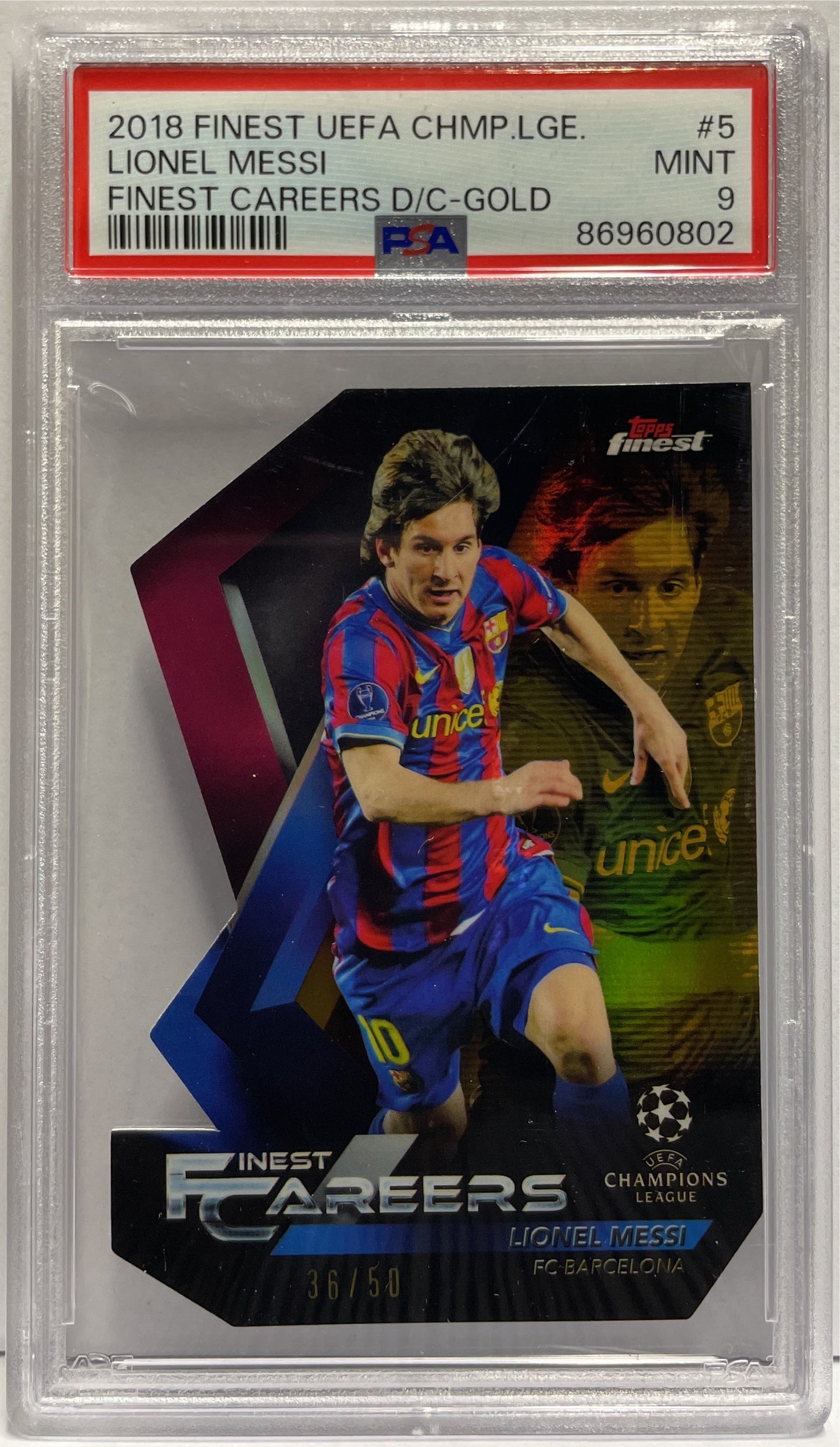 Lionel Messi 36/50 Finest Careers Topps Finest UCL 2018/19 PSA 9