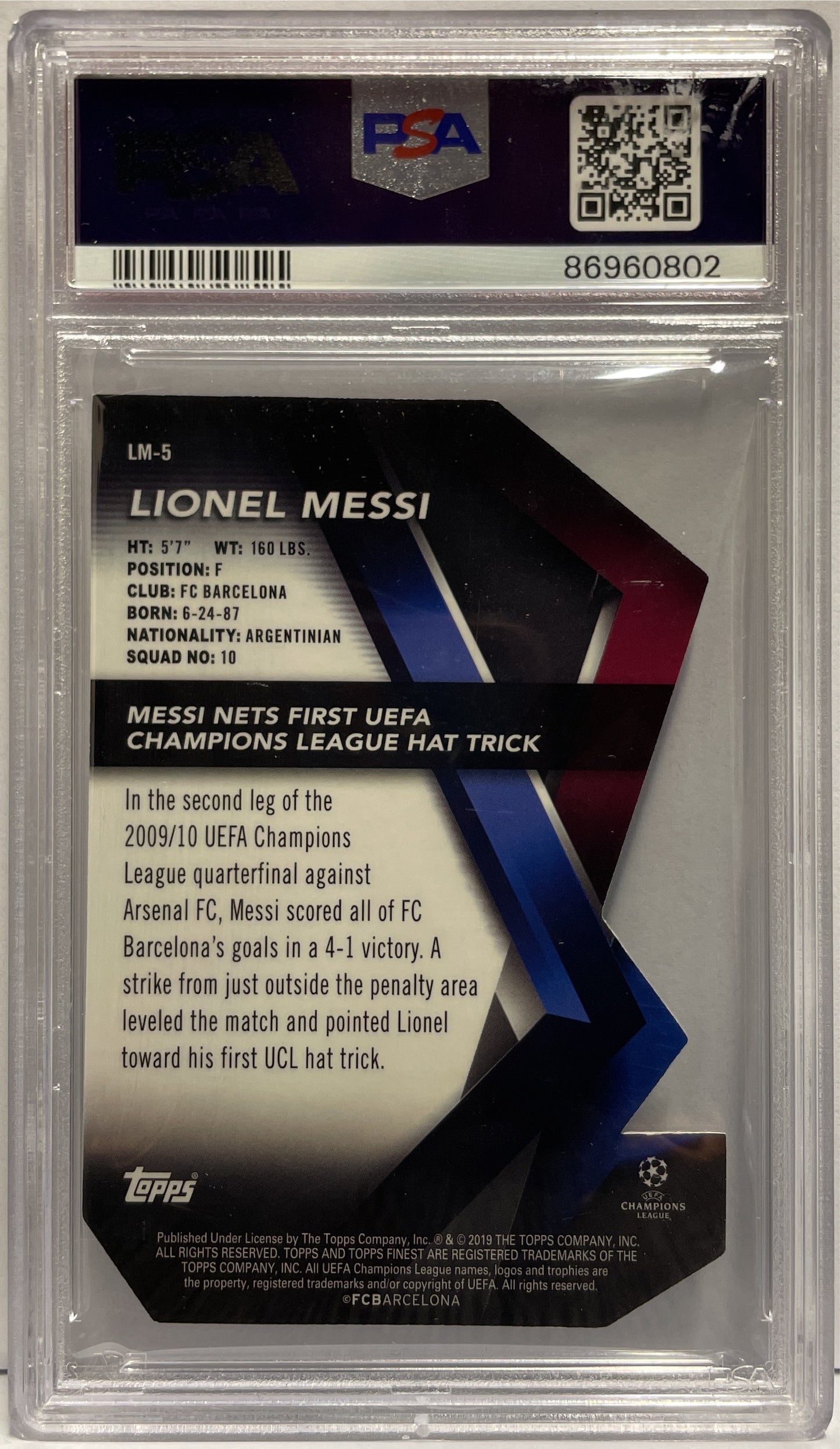 Lionel Messi 36/50 Finest Careers Topps Finest UCL 2018/19 PSA 9