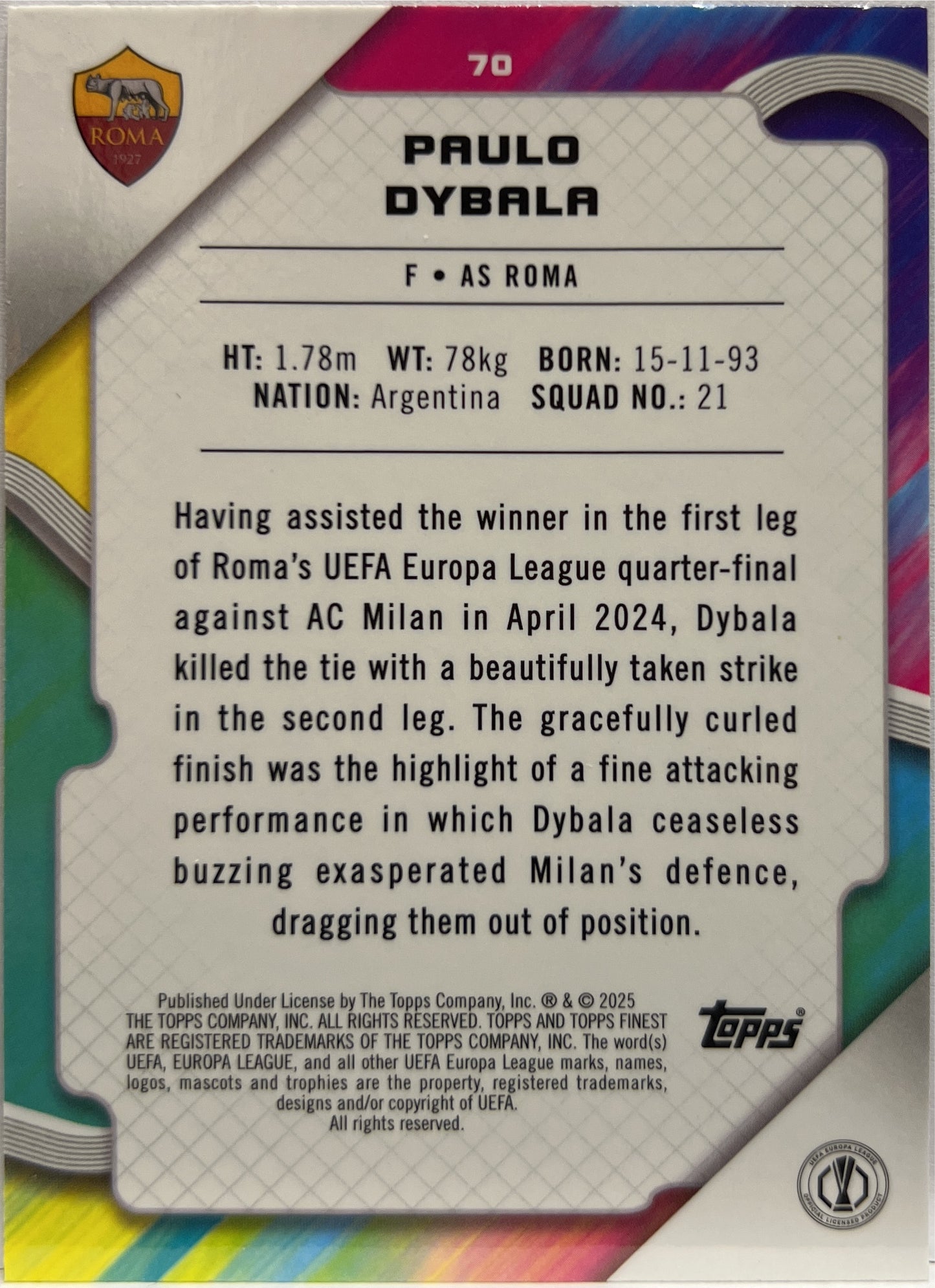Paulo Dybala 44/299 Purple Topps Finest UCC 2024/25